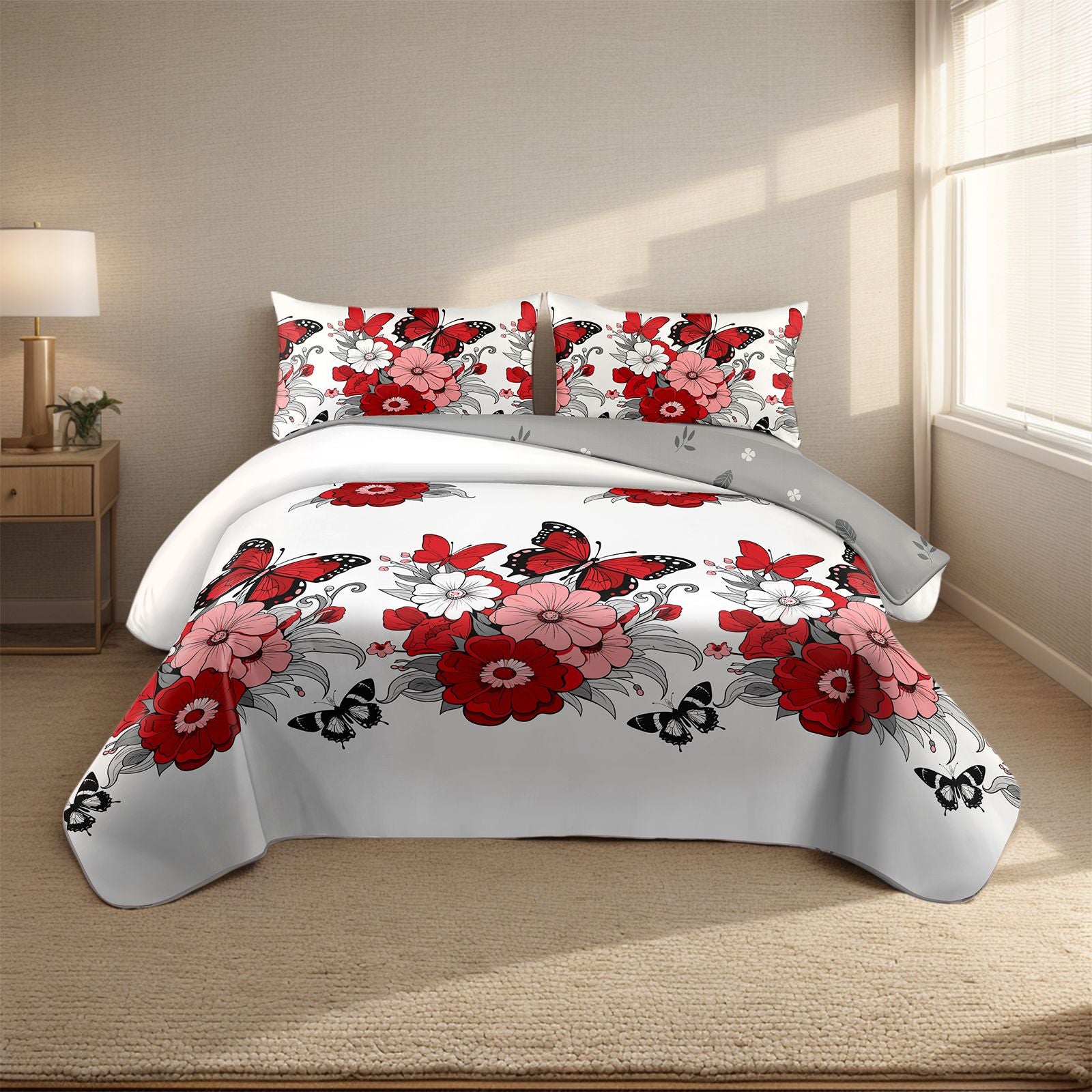 Red Butterfly Floral 4-Piece Microfiber Duvet Cover Set, view 4