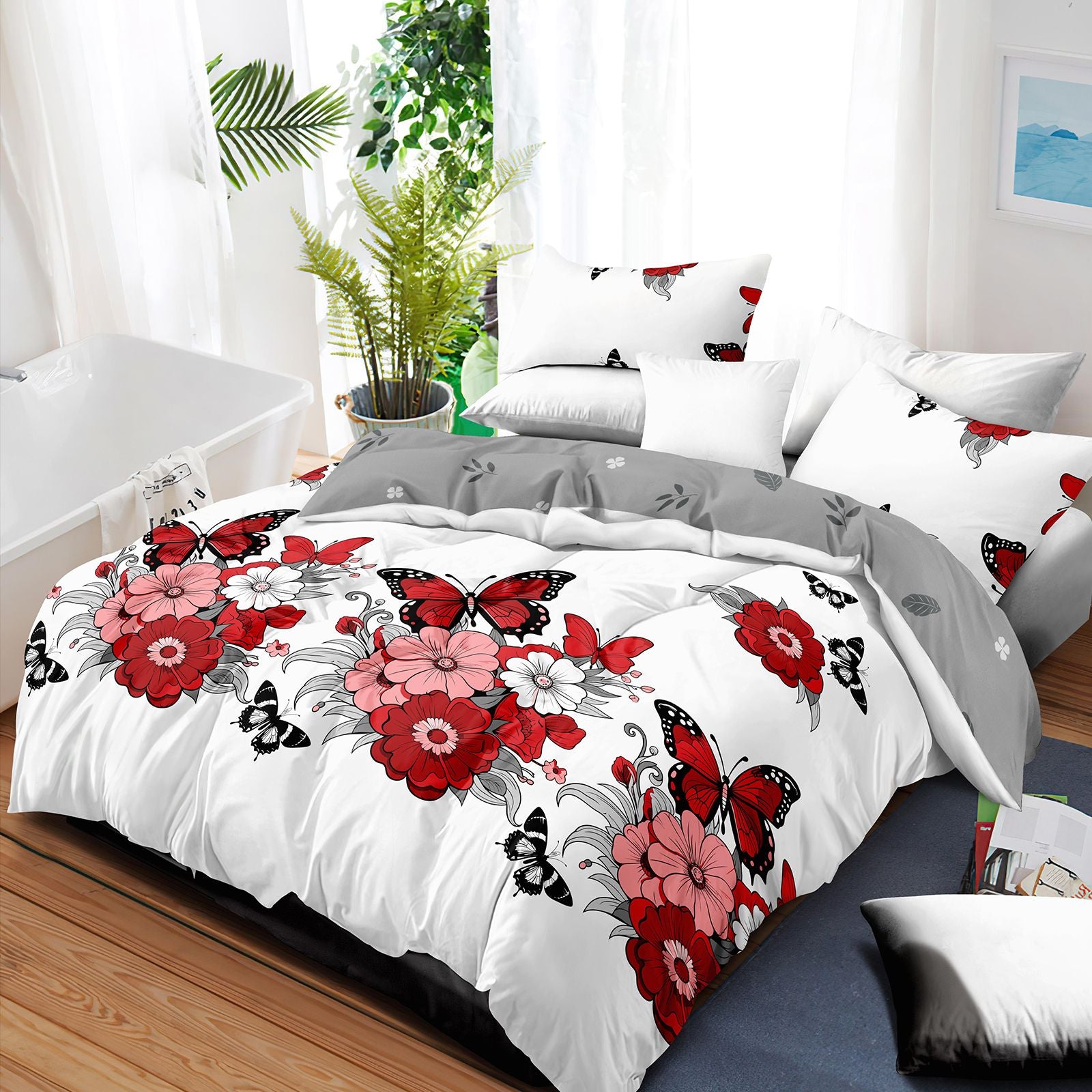 Red Butterfly Floral 4-Piece Microfiber Duvet Cover Set, view 6