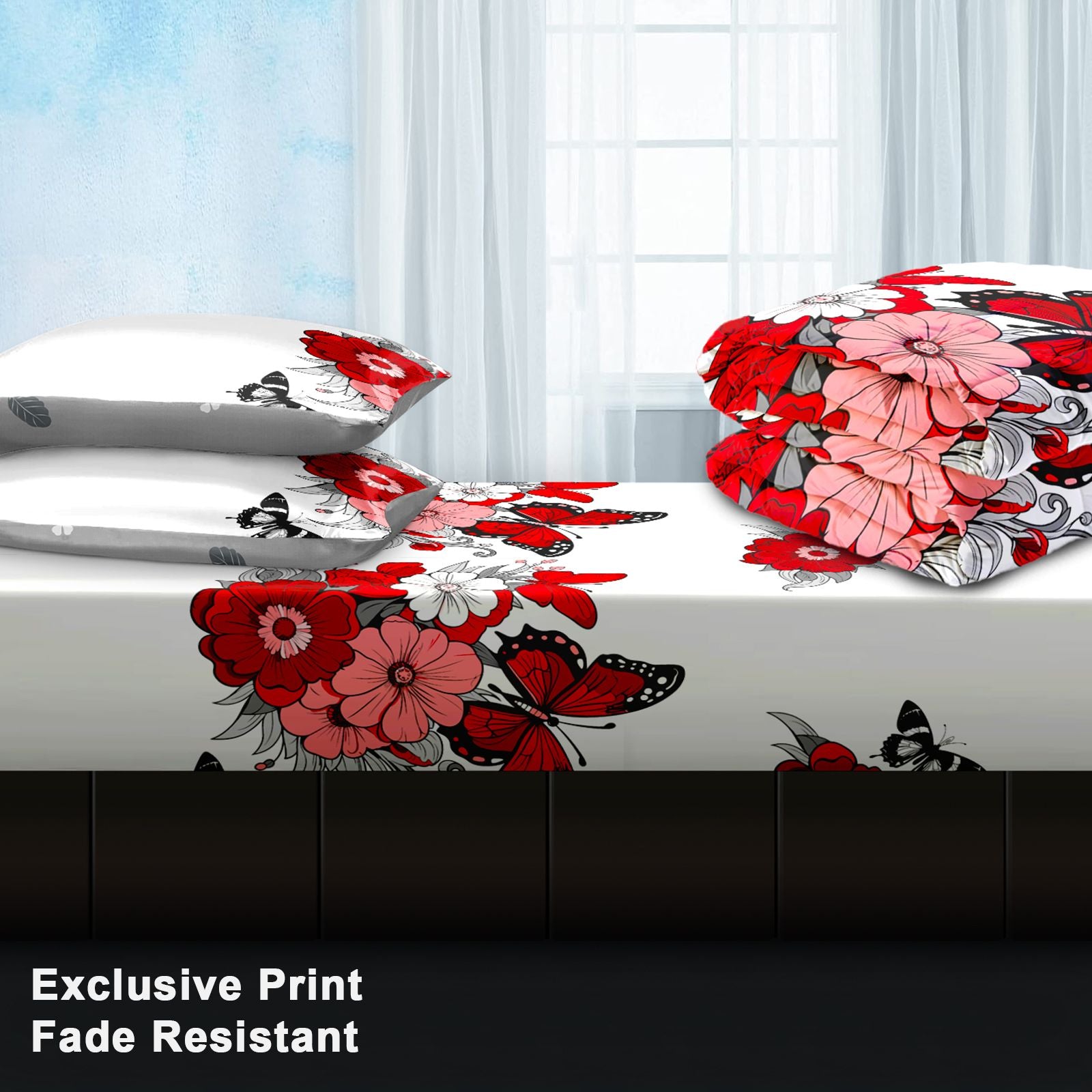 Red Butterfly Floral 4-Piece Microfiber Duvet Cover Set, view 7