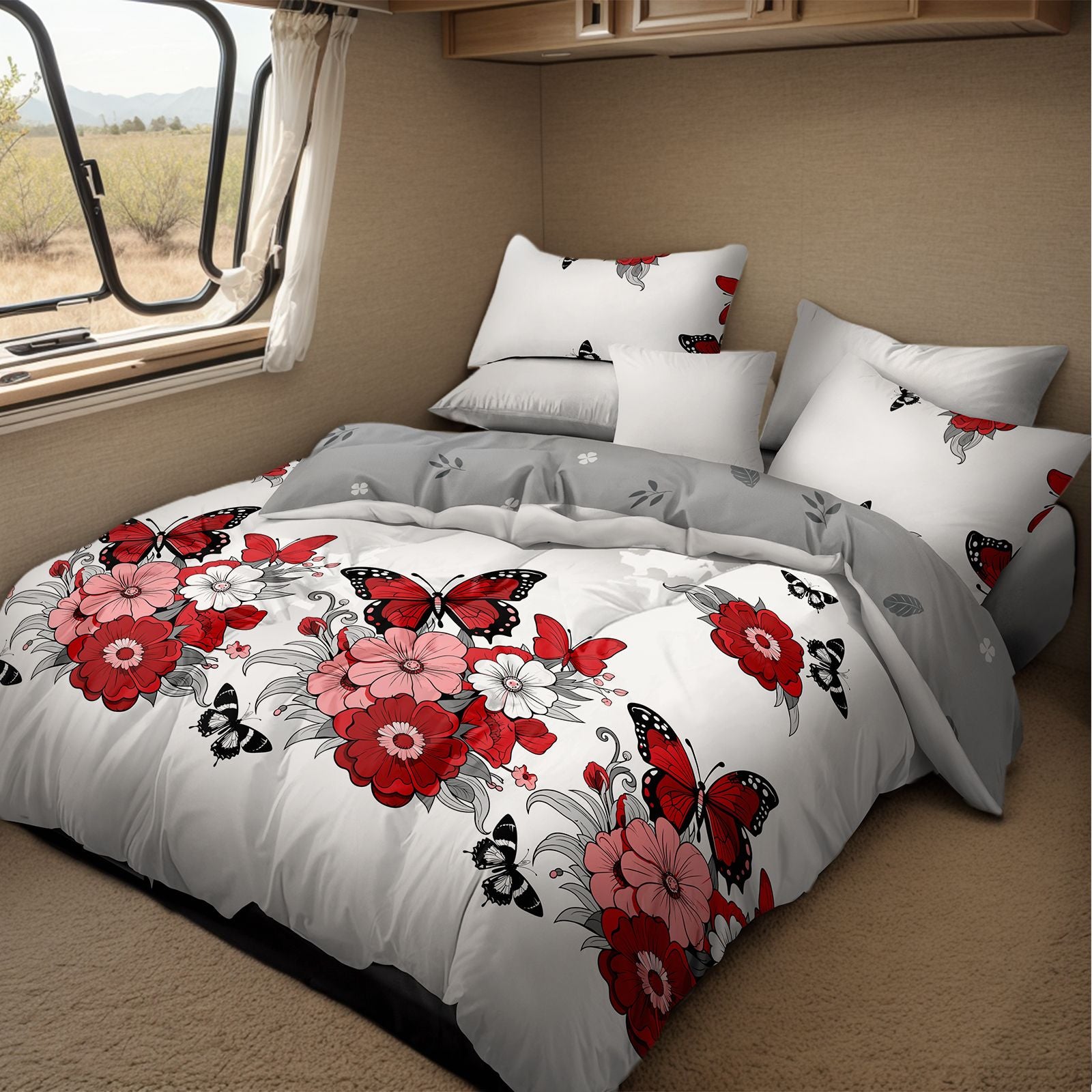 Red Butterfly Floral 4-Piece Microfiber Duvet Cover Set, view 8