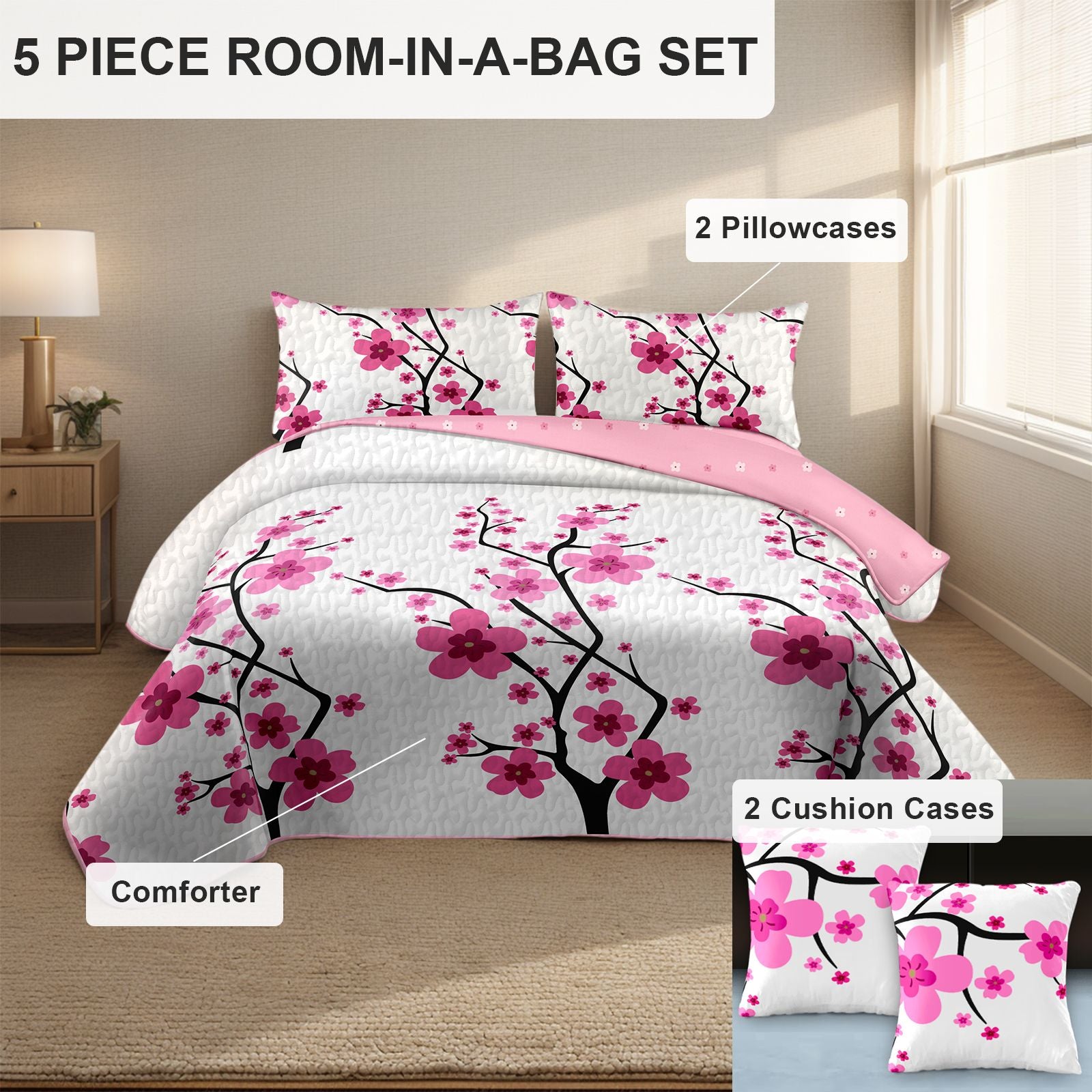 Pink Cherry Blossom 5-Piece Comforter Set with Shams & Cushions, view 2