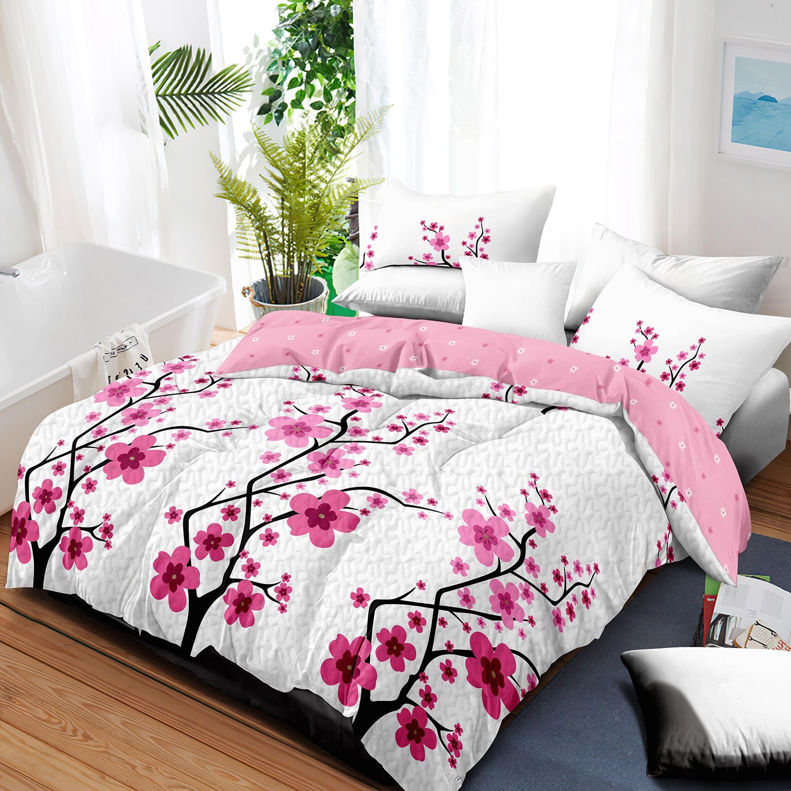 Pink Cherry Blossom 5-Piece Comforter Set with Shams & Cushions, view 4