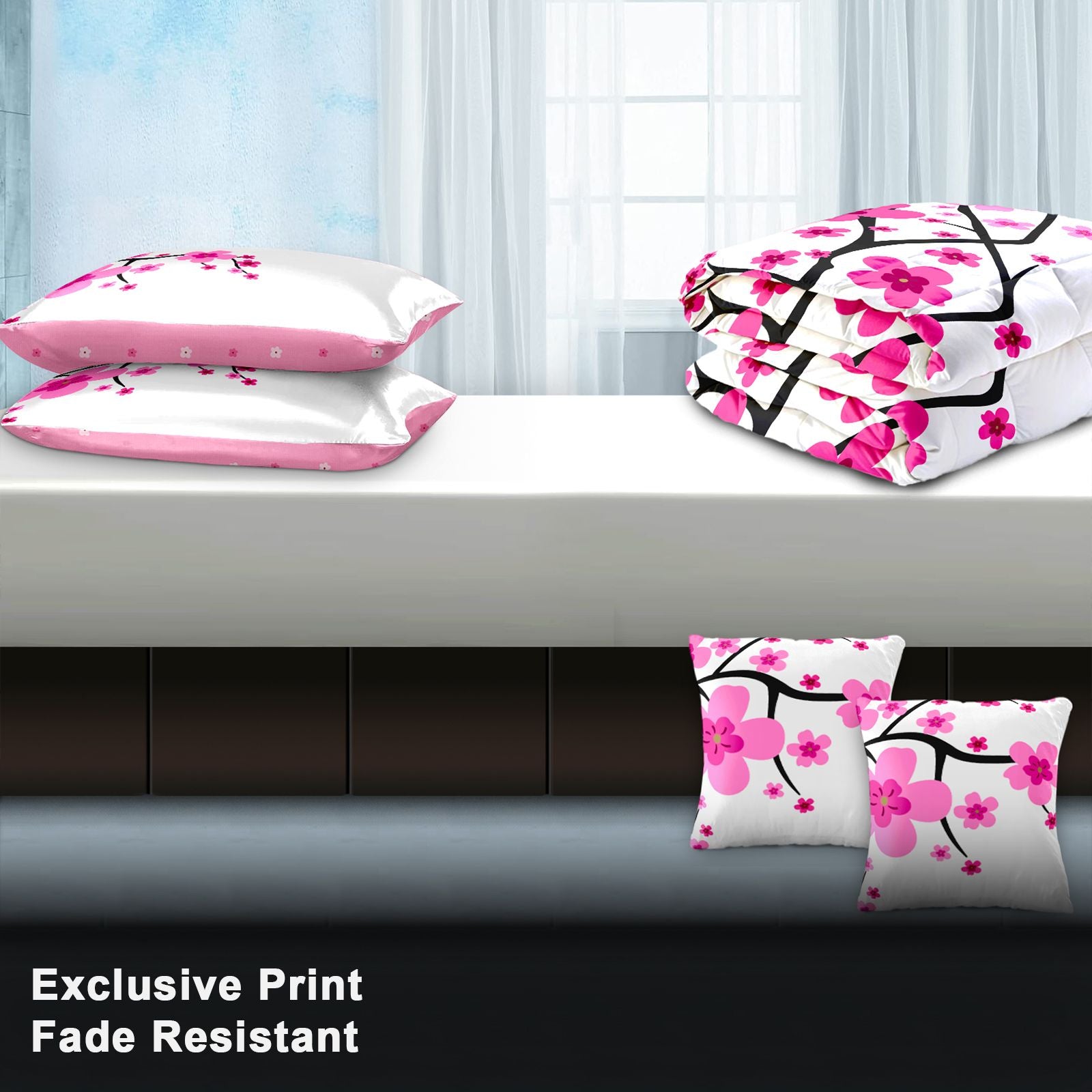 Pink Cherry Blossom 5-Piece Comforter Set with Shams & Cushions, view 5