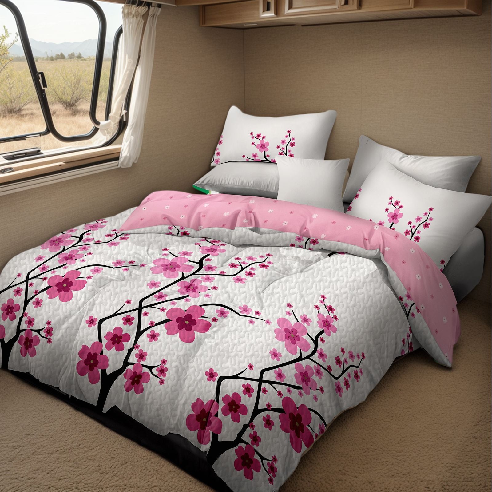Pink Cherry Blossom 5-Piece Comforter Set with Shams & Cushions, view 6