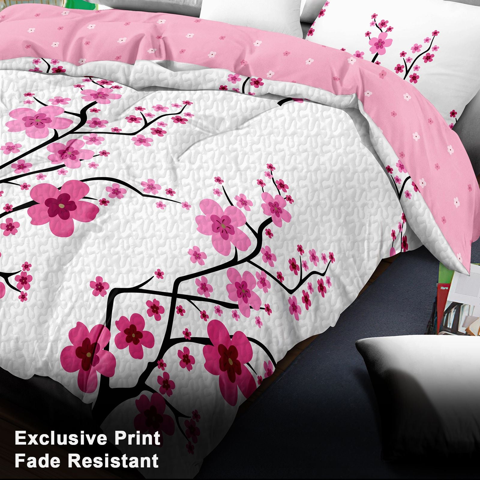 Pink Cherry Blossom 5-Piece Comforter Set with Shams & Cushions, view 7