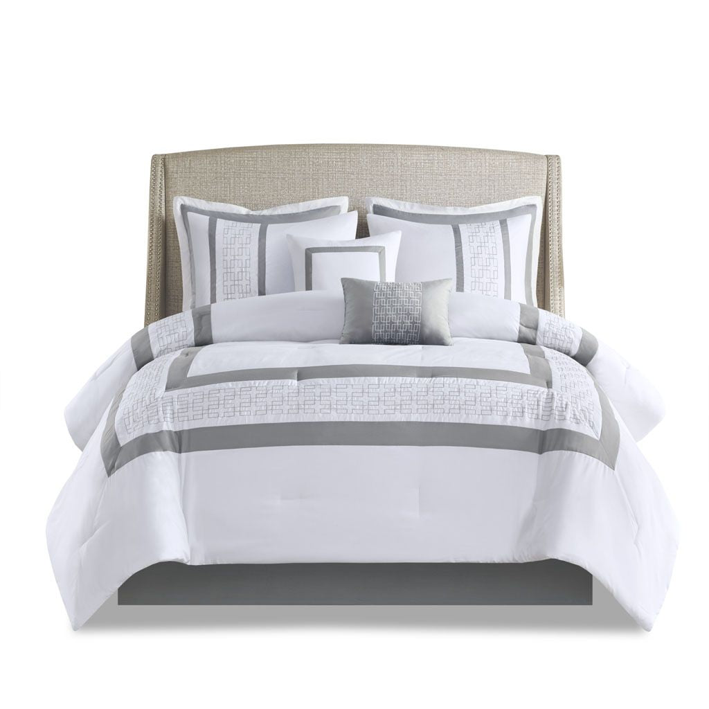 8 Piece Embroidered Comforter Set, King - White & Grey, view 2