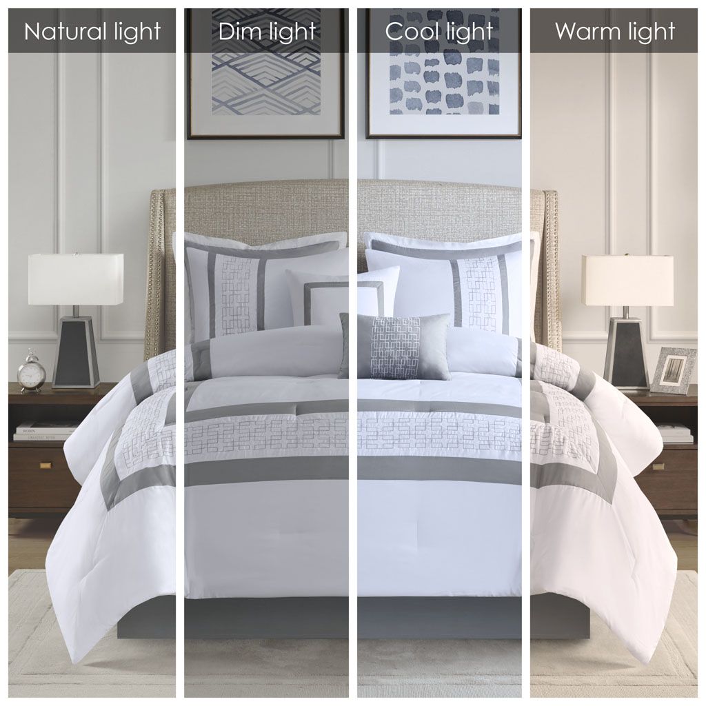 8 Piece Embroidered Comforter Set, King - White & Grey, view 3
