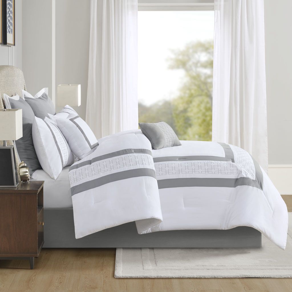 8 Piece Embroidered Comforter Set, King - White & Grey, view 4