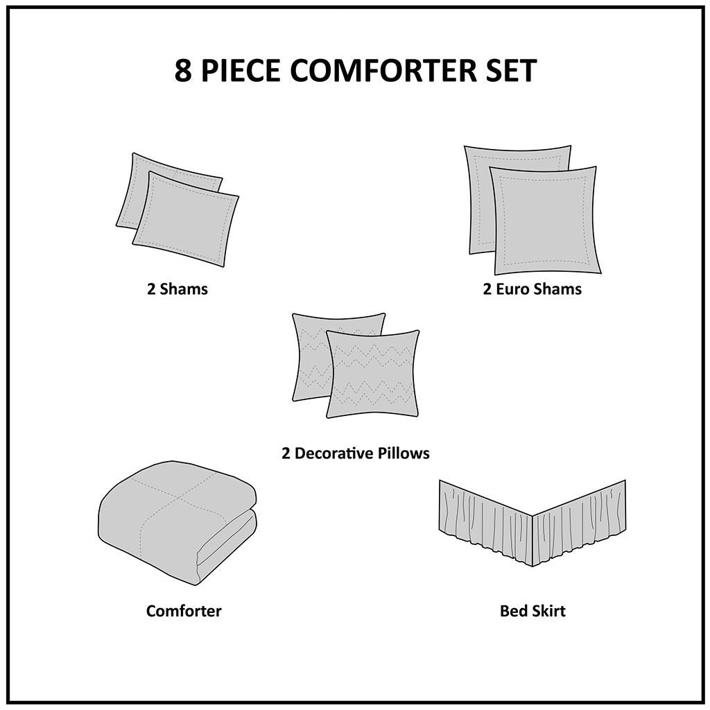 8 Piece Embroidered Comforter Set, King - White & Grey, view 5