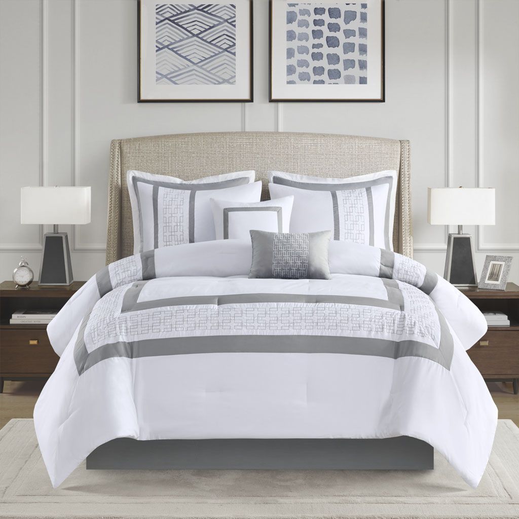 8 Piece Embroidered Comforter Set, King - White & Grey, view 7