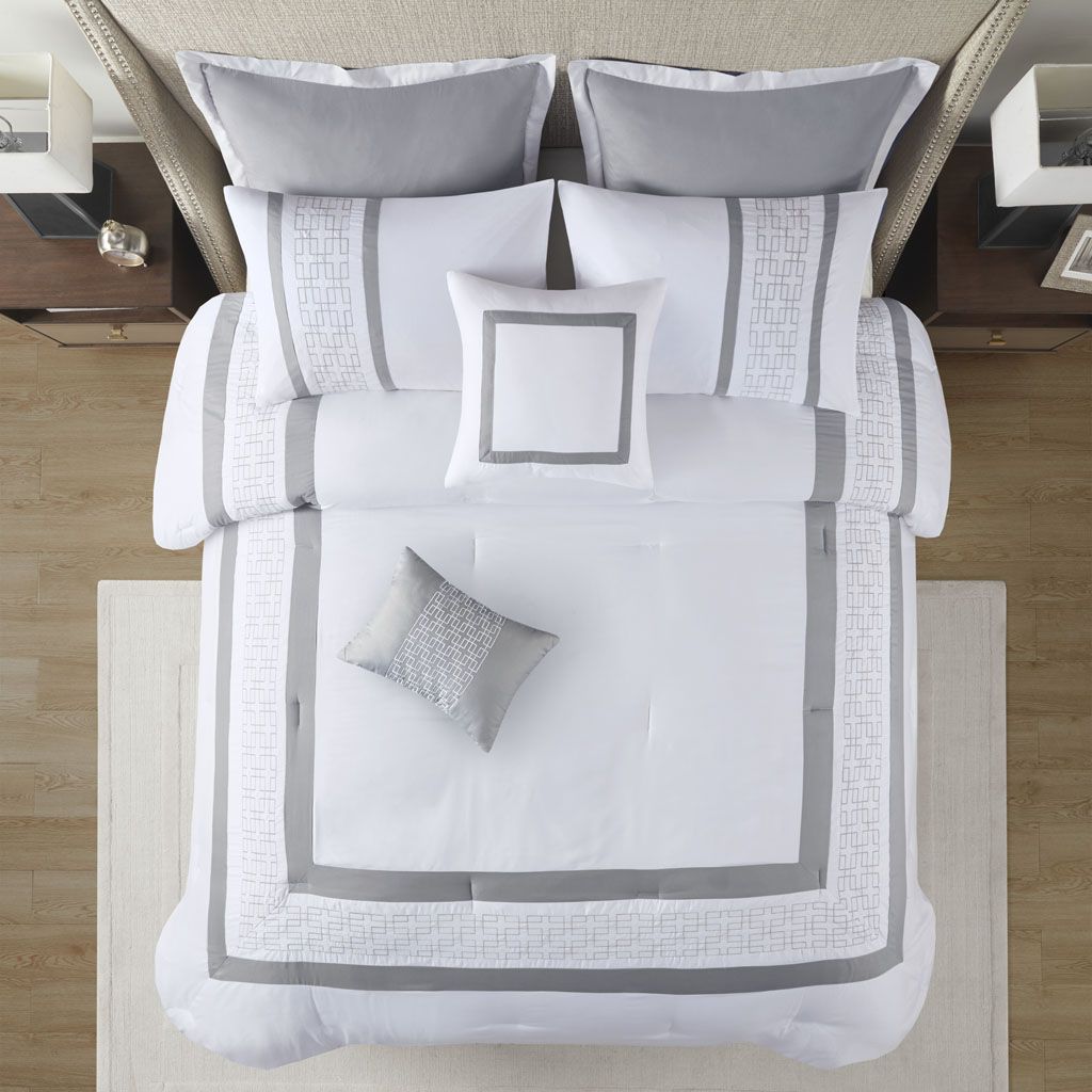 8 Piece Embroidered Comforter Set, King - White & Grey, view 8