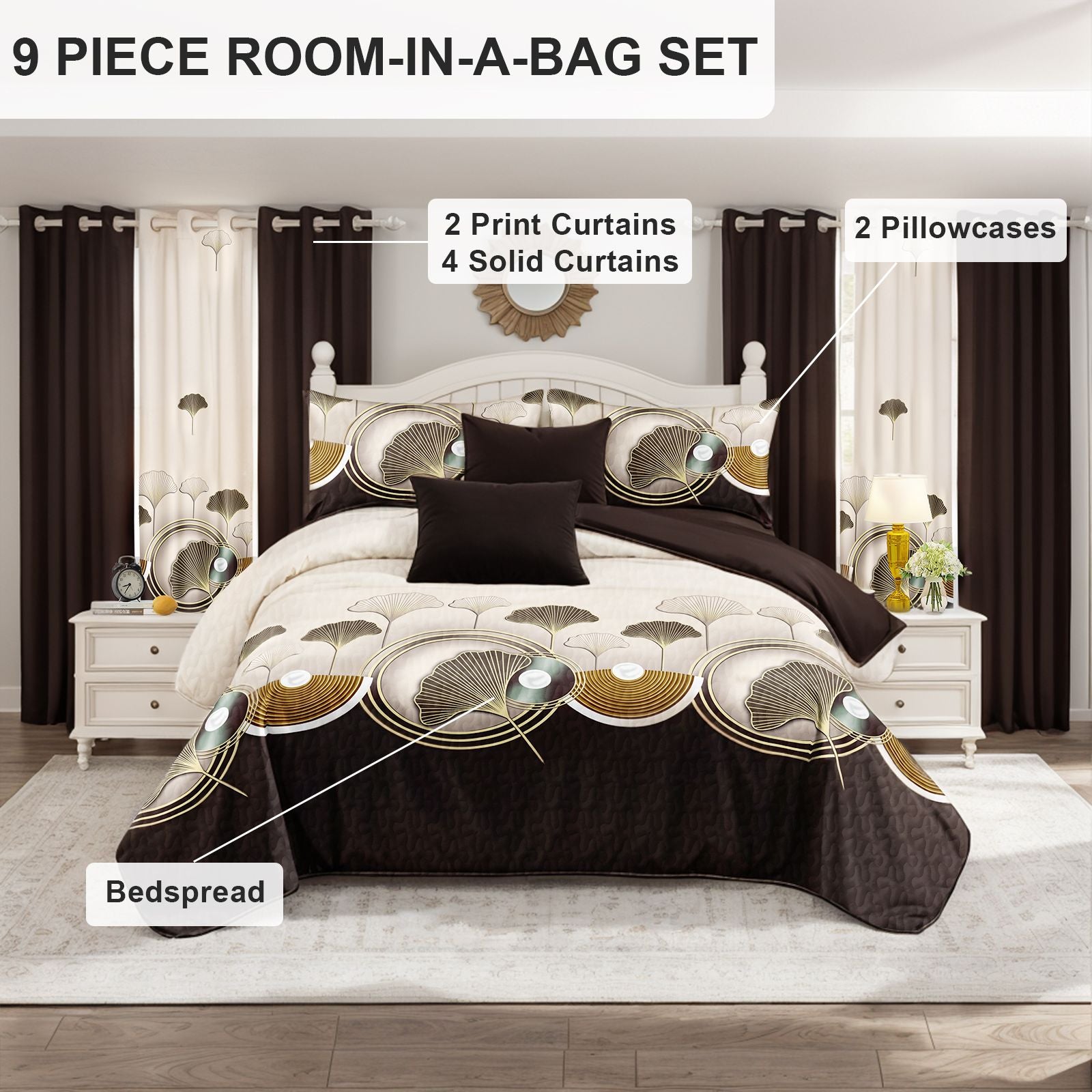 9 Piece Soft All-Season Washed Microfiber Cover Set , Queen/King/Calking Bedding Set With Pillowcases,Bedspread Print Curtains & Solid Curtains,Print, Moisture-Wicking,  Soft ,Cooling,  Easy Care