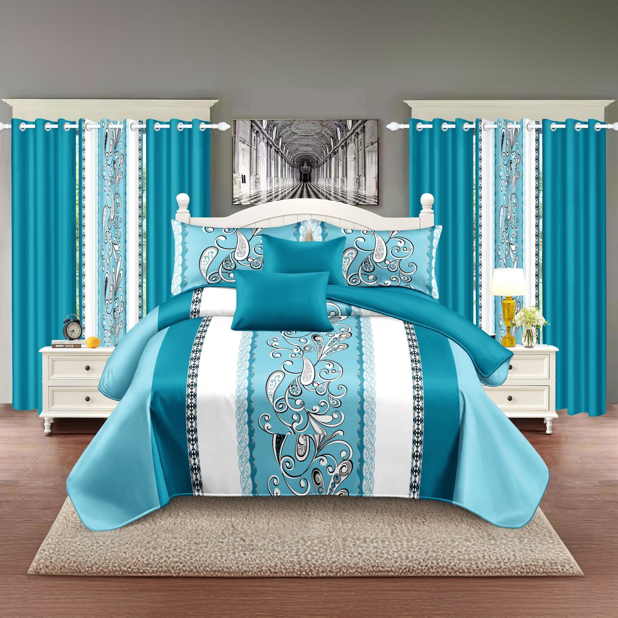 9-Piece Turquoise Paisley Bedding & Curtain Set (Queen/King/Cal King) - Quilted Microfiber Bedspread + Sheer Curtains