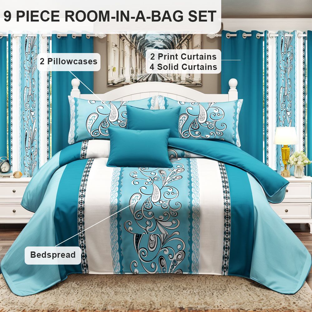 9-Piece Turquoise Paisley Bedding Set with Sheer Curtains - Queen/King/Cal King, view 6