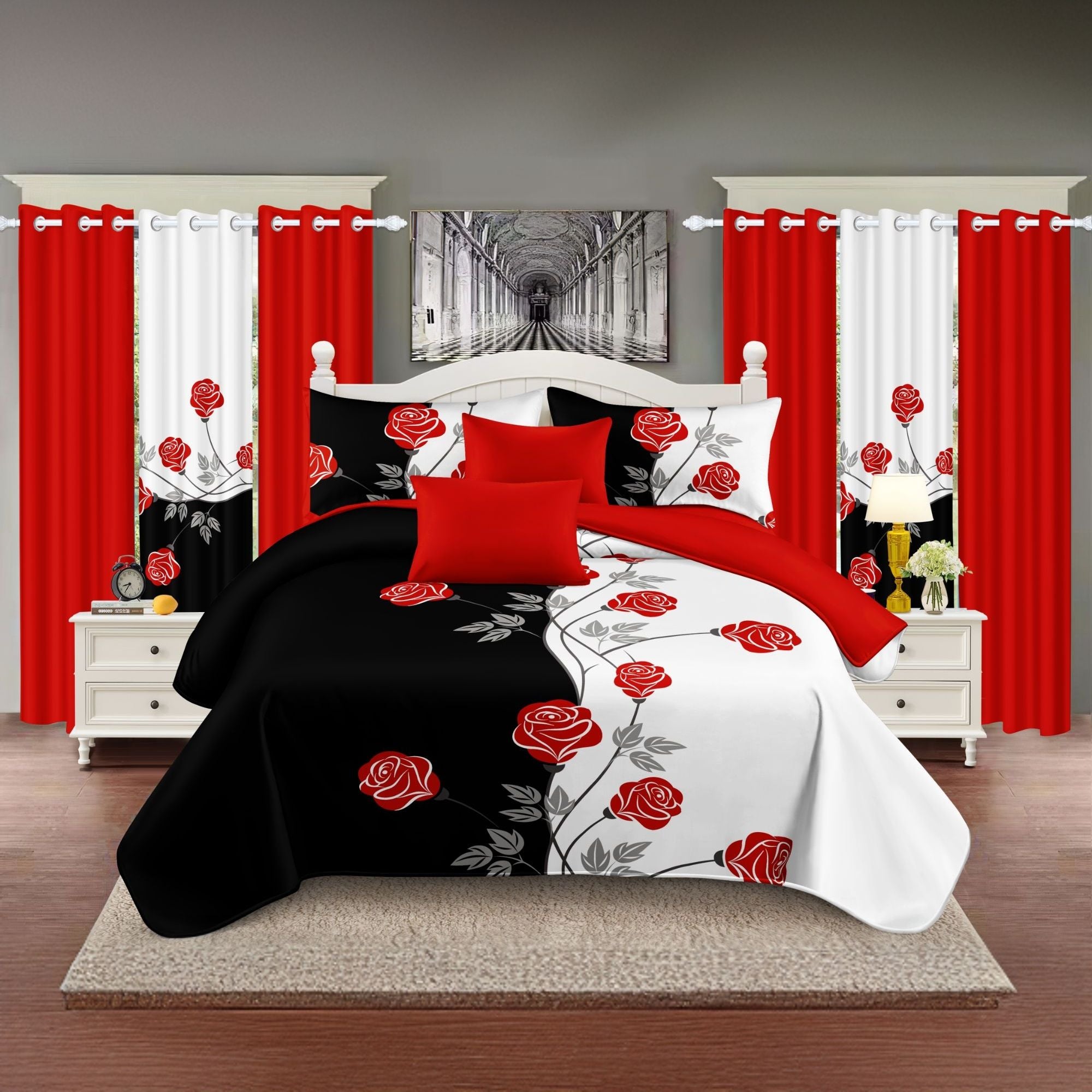 9-Piece Red Rose Bedding & Curtain Set (Queen/King/Cal King) - Quilted Microfiber Bedspread + Sheer Curtains