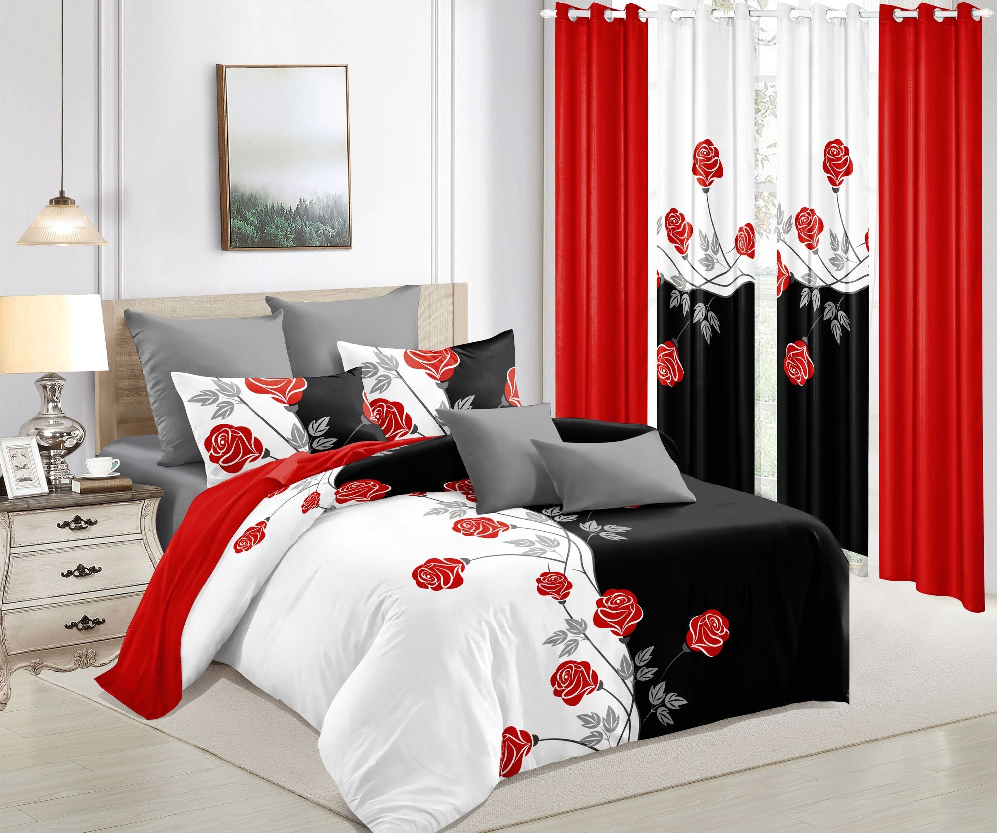 9-Piece Red Rose Bedding Set with Sheer Curtains, Queen/King/Cal King, view 3