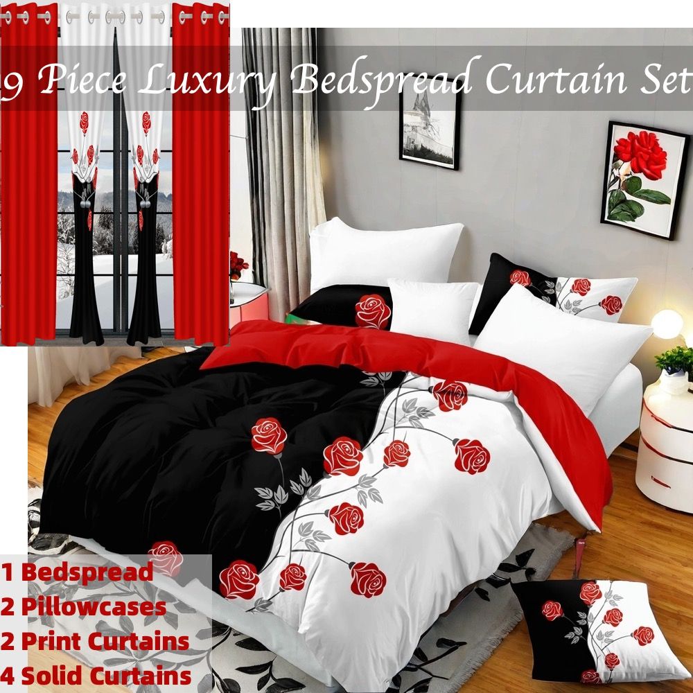 9-Piece Red Rose Bedding Set with Sheer Curtains, Queen/King/Cal King, view 6
