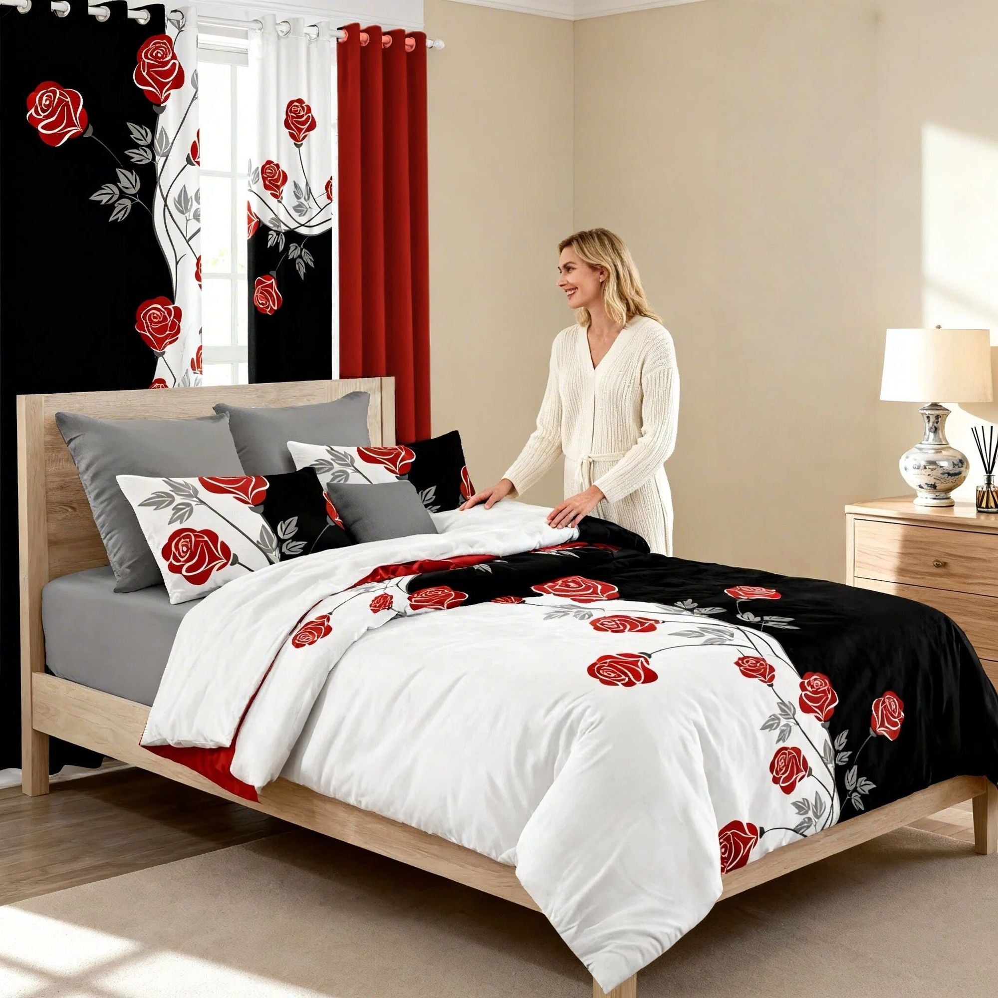 9-Piece Red Rose Bedding Set with Sheer Curtains, Queen/King/Cal King, view 8