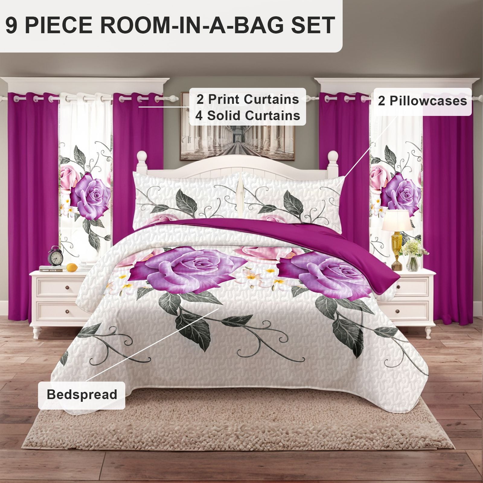 9-Piece Purple Rose Bedding & Curtain Set (Queen/King/Cal King) - Quilted Microfiber Bedspread + Sheer Curtains