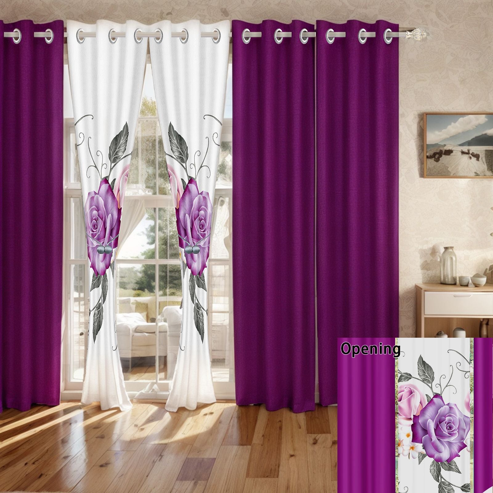 9-Piece Purple Rose Bedding & Curtain Set - Bedspread, Shams & Curtains, view 4