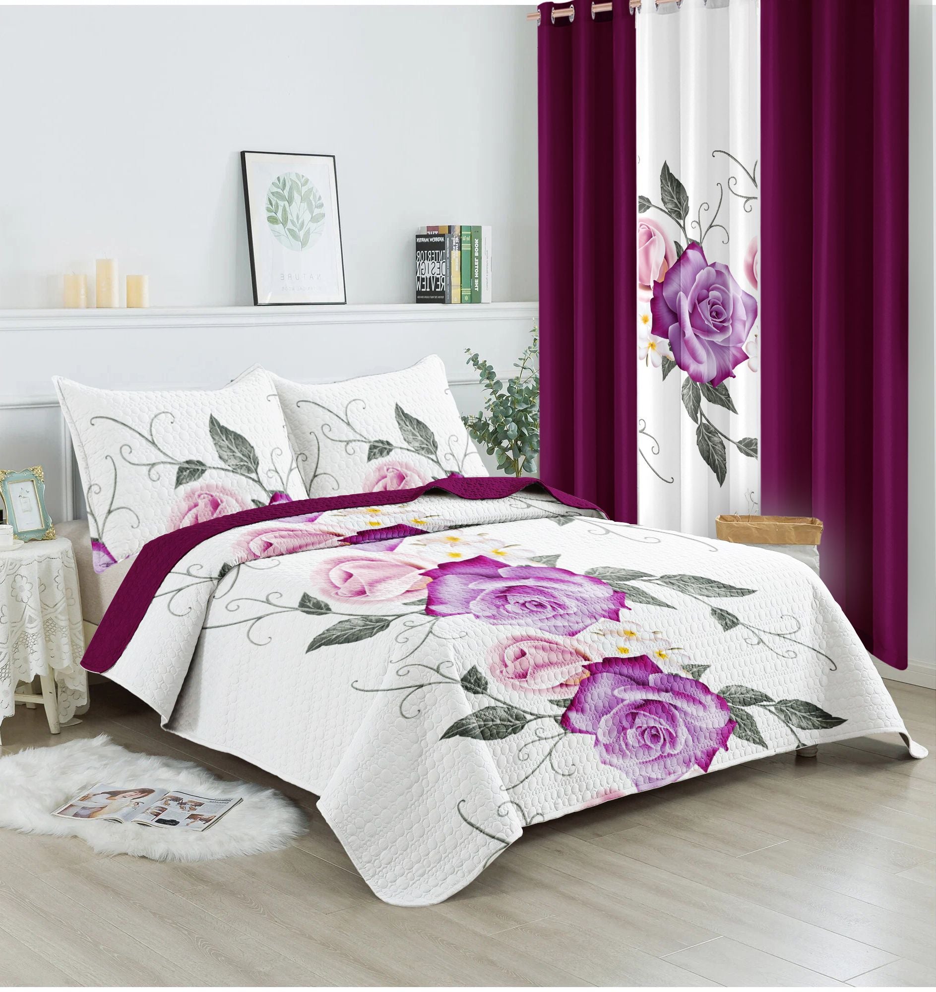 9-Piece Purple Rose Bedding & Curtain Set - Bedspread, Shams & Curtains, view 8