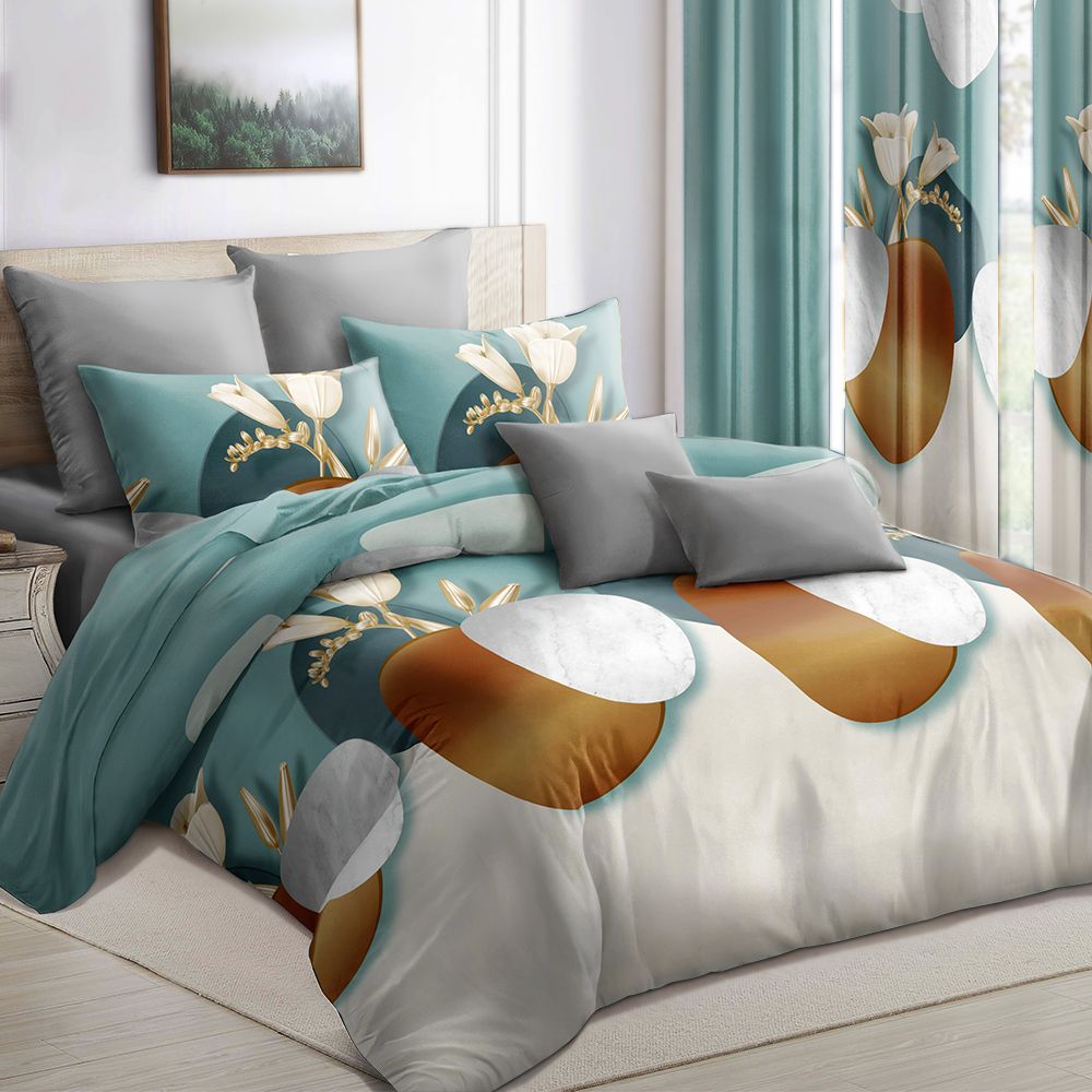 9-Piece Modern Floral Bedding & Curtain Set - Quilted Bedspread + Sheer Curtains, view 3