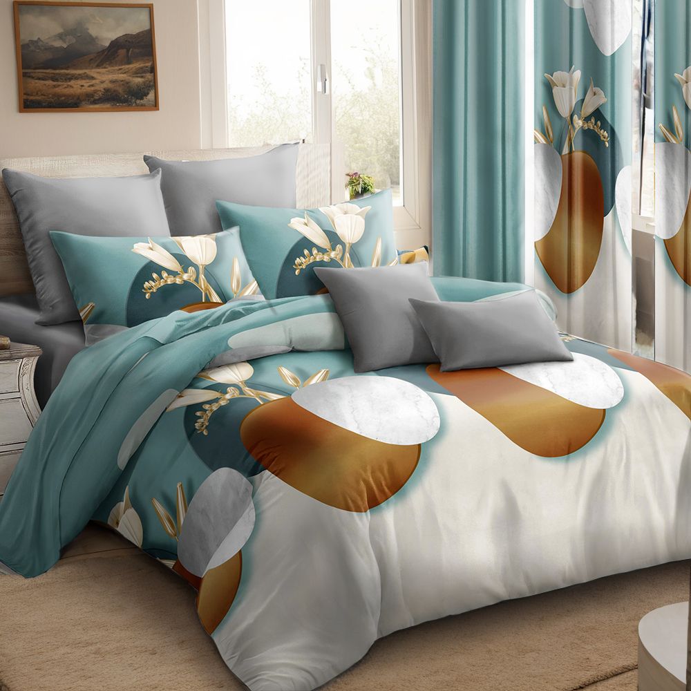9-Piece Modern Floral Bedding & Curtain Set - Quilted Bedspread + Sheer Curtains, view 5