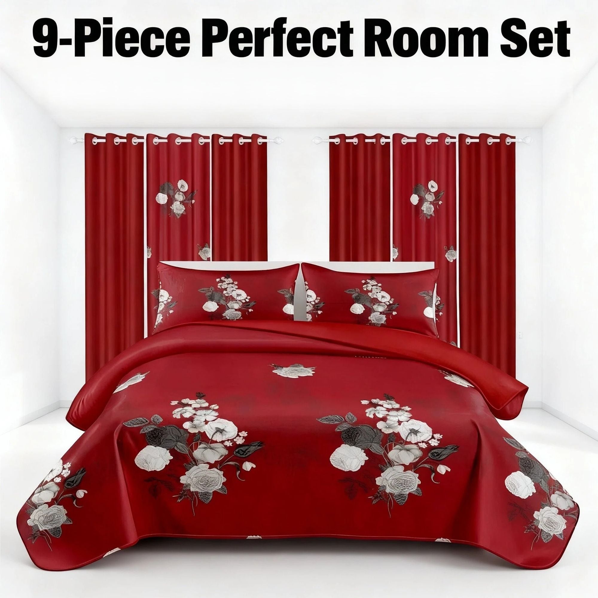 9-Piece Burgundy Red Floral Bedding & Curtain Combo Set, Vibrant Crimson Quilted Bedspread with 6 Light Filtering Window Panels & 2 Shams, Easy Care Microfiber Coverlet, Pet Friendly