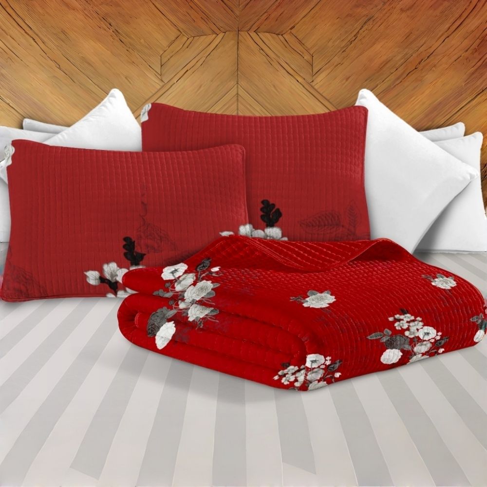 9-Piece Burgundy Floral Bedding & Curtain Set — Quilted Bedspread, Shams & Panels, view 4