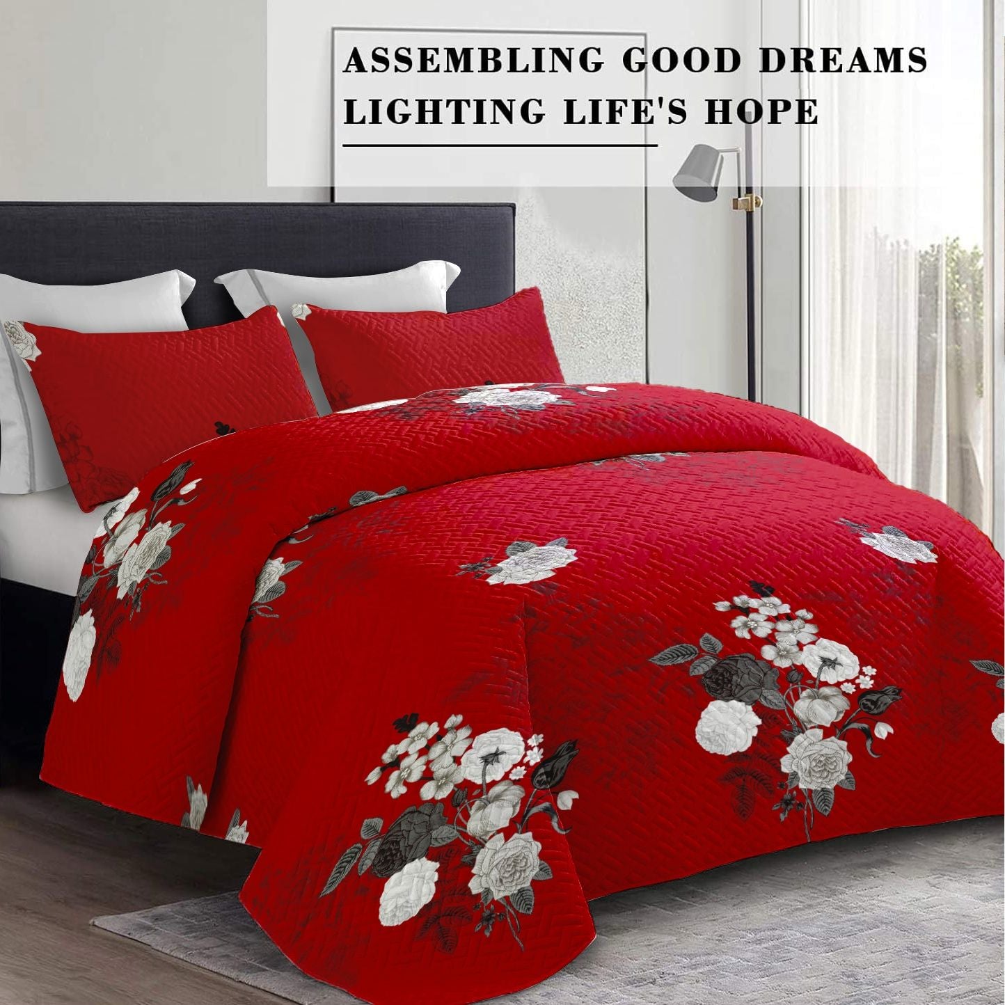 9-Piece Burgundy Floral Bedding & Curtain Set — Quilted Bedspread, Shams & Panels, view 5