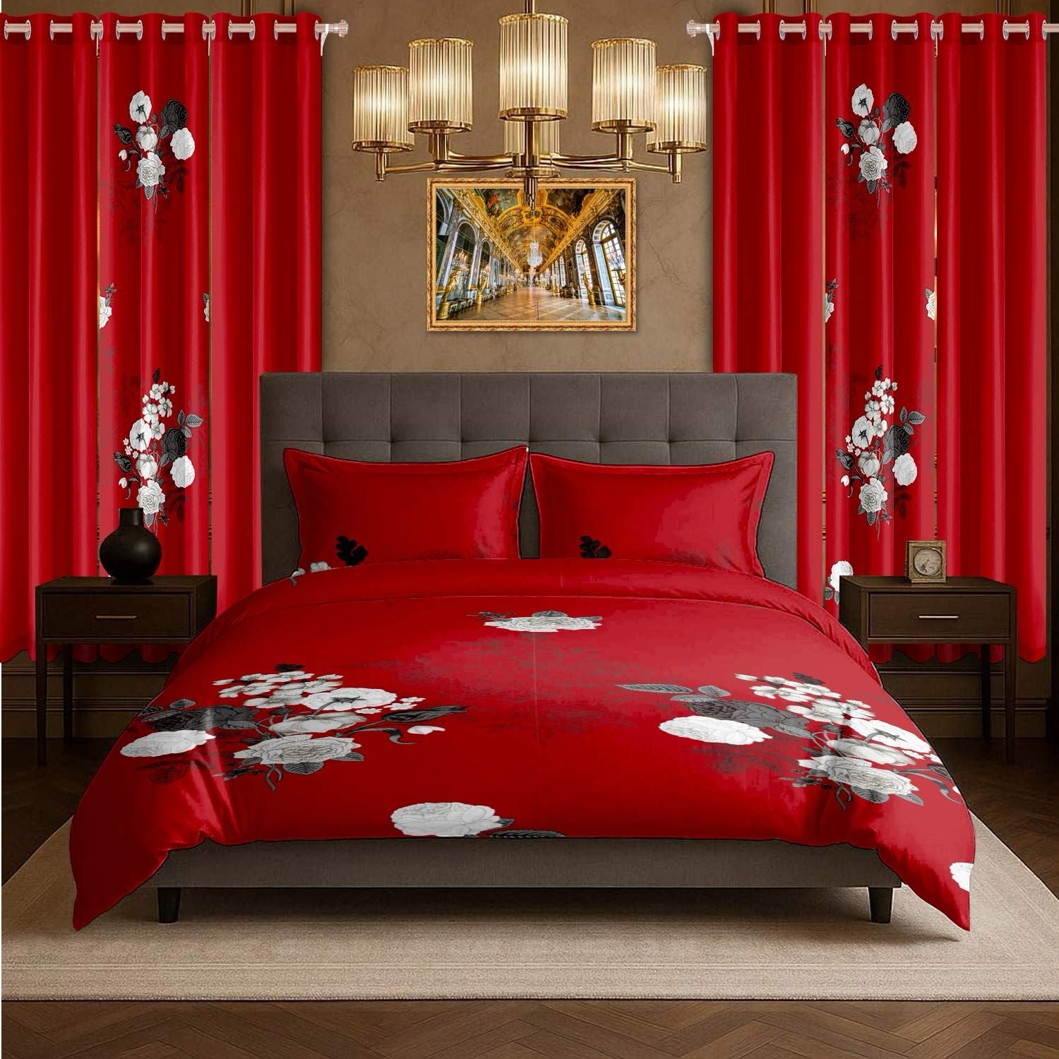 9-Piece Burgundy Floral Bedding & Curtain Set — Quilted Bedspread, Shams & Panels, view 6