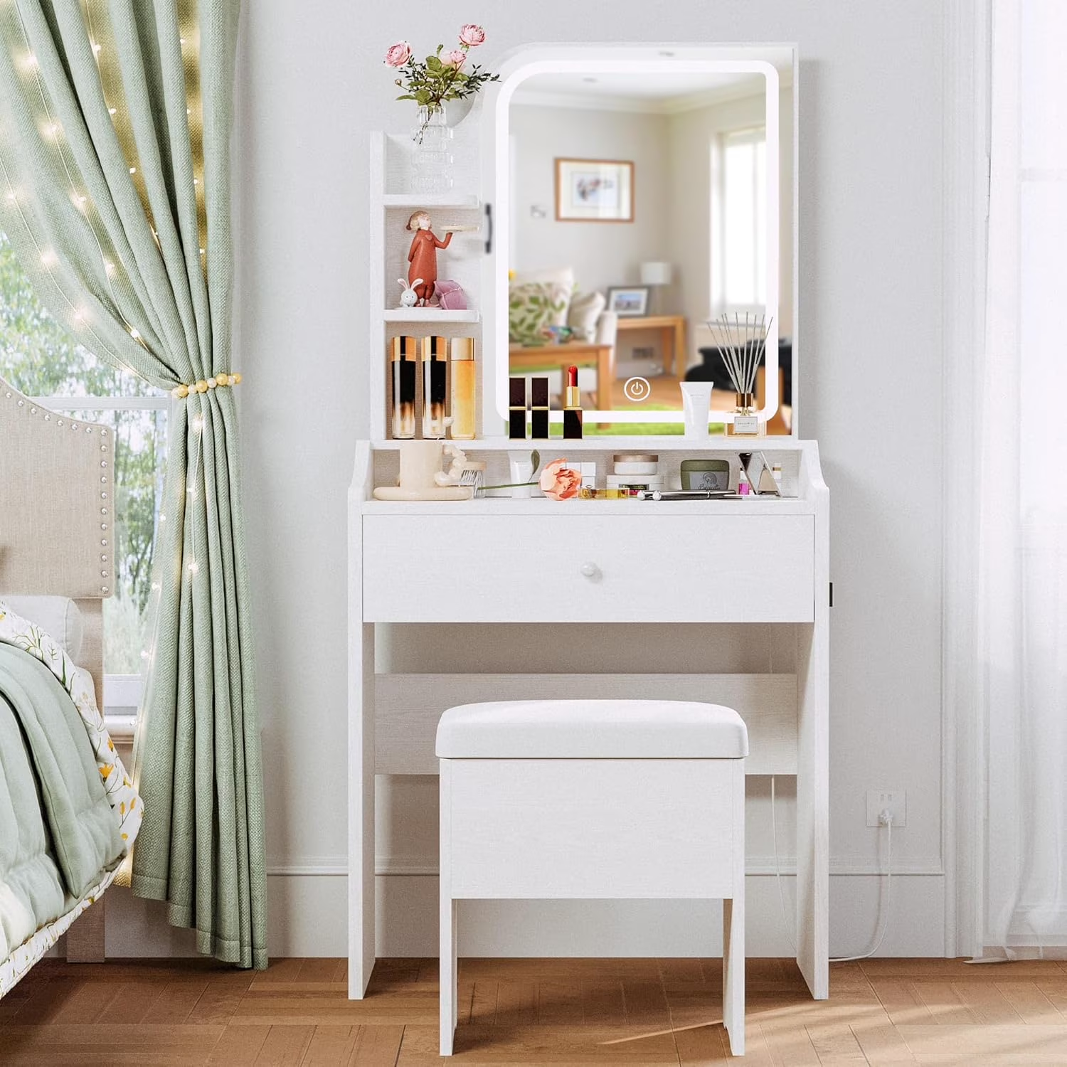 Small Vanity Table Set with LED Touch Mirror, Drawer & Stool
