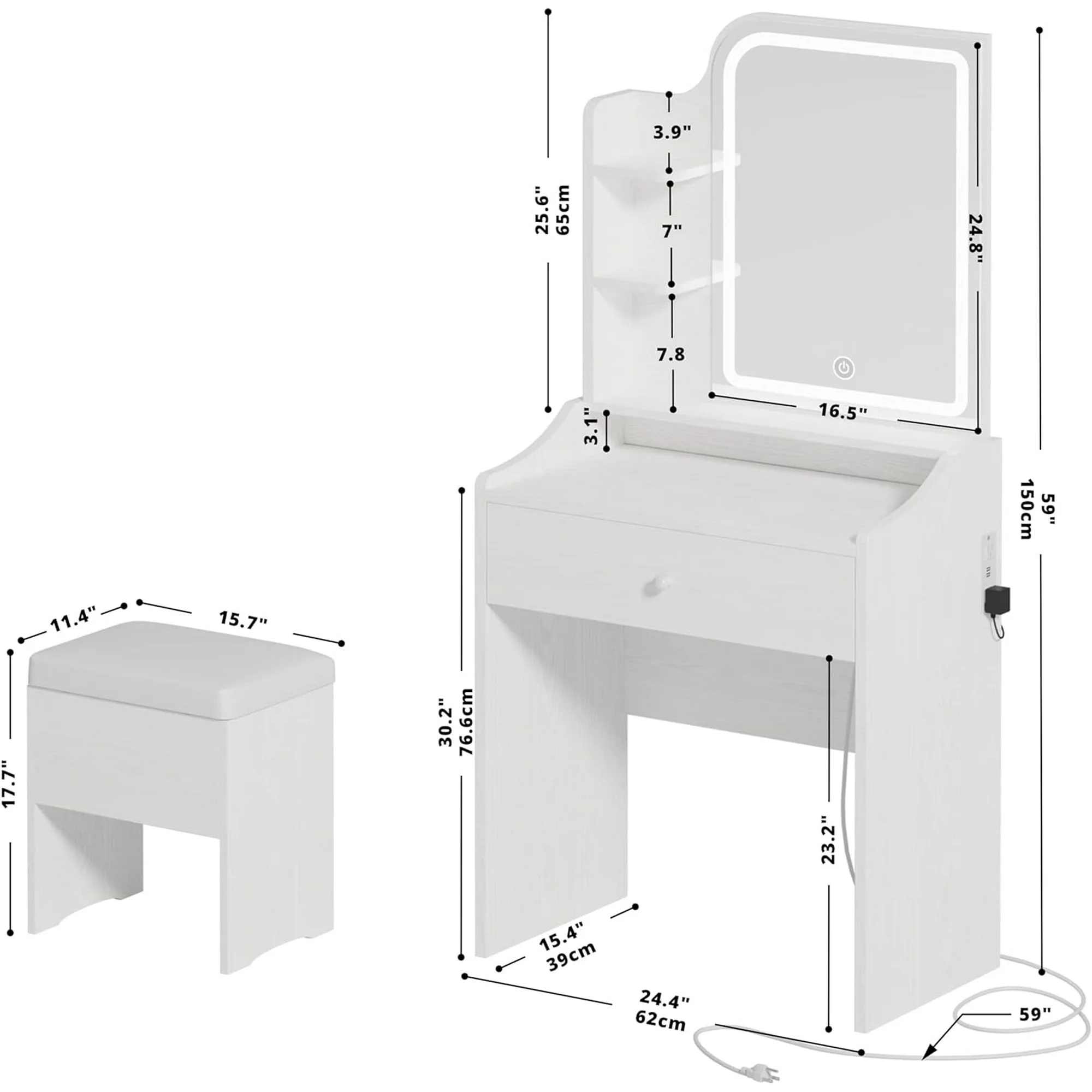 Small Vanity Table Set with LED Touch Mirror, Drawer & Stool, view 2