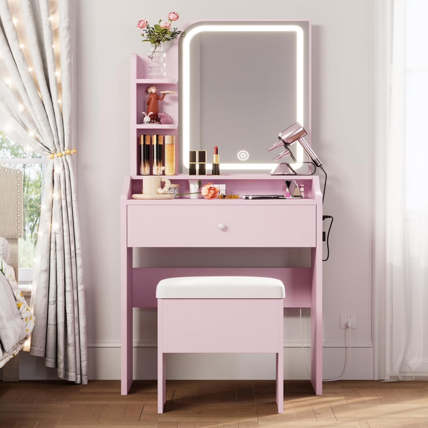 Small Vanity Table Set with LED Touch Mirror, Drawer & Stool, view 3