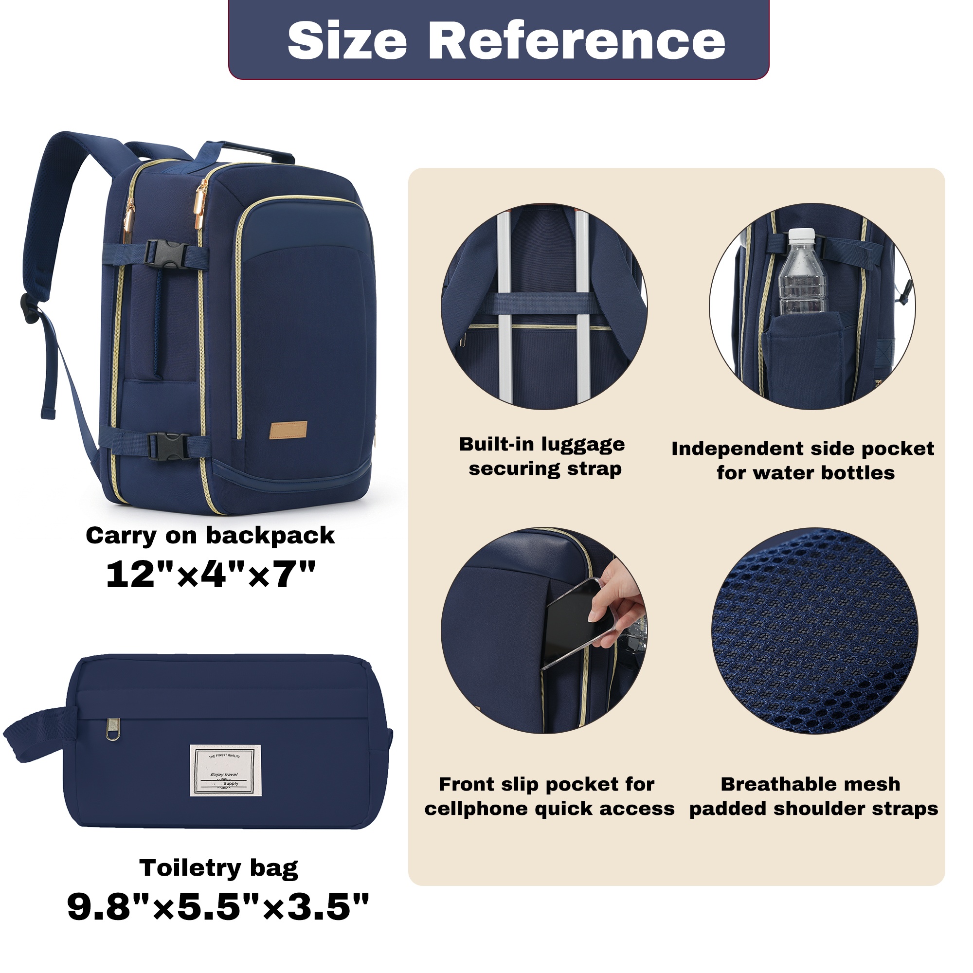 Travel-Ready 3-Piece Navy Luggage Set: 24in Checked Suitcase, Carry-on Backpack & Wet-Dry Kit, view 2