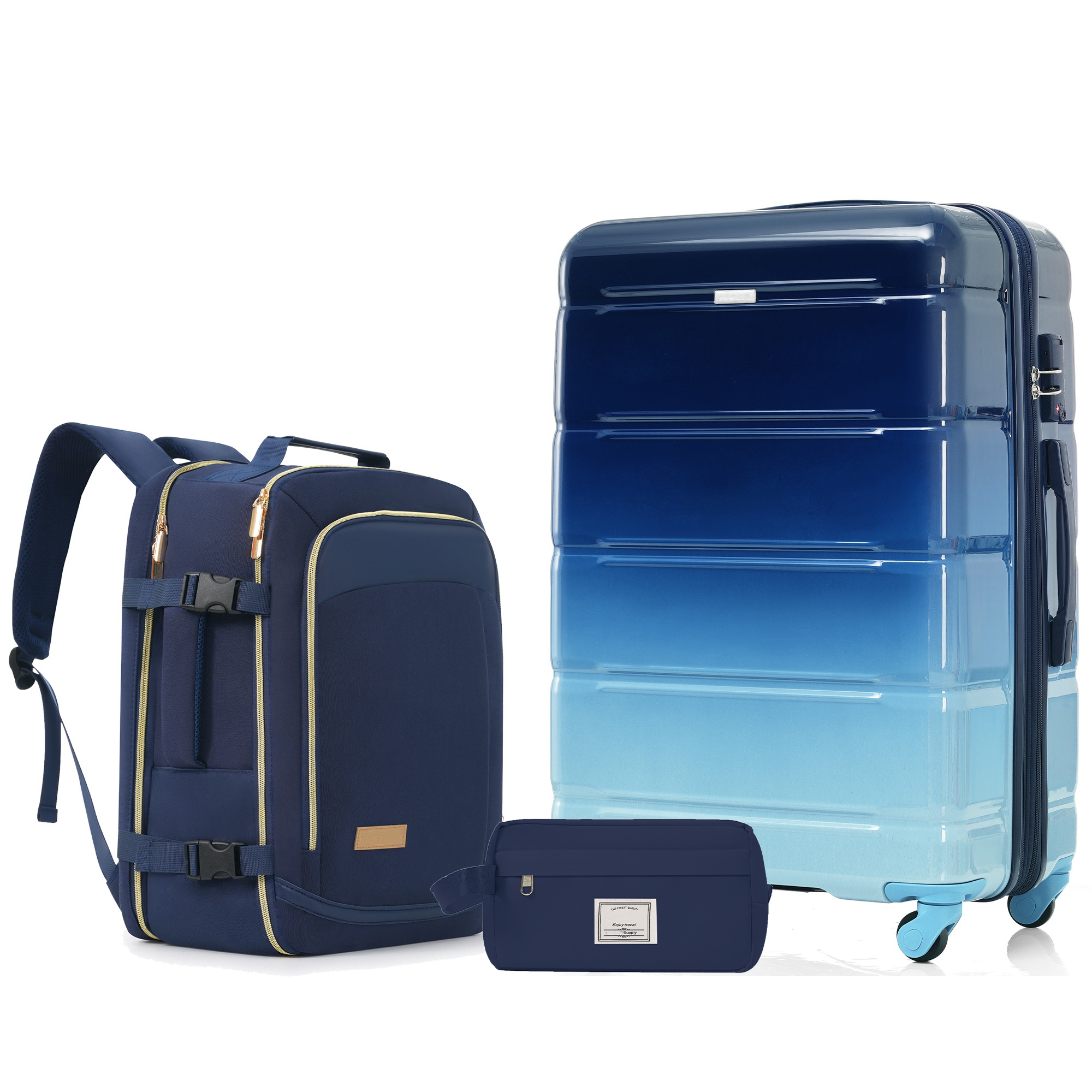 Travel-Ready 3-Piece Navy Luggage Set: 24in Checked Suitcase, Carry-on Backpack & Wet-Dry Kit