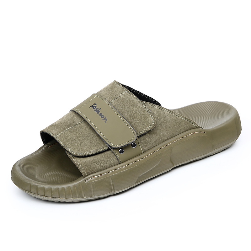 UNISEX Leather Slide Sandals — Adjustable Strap, Non-Slip Ridged Sole