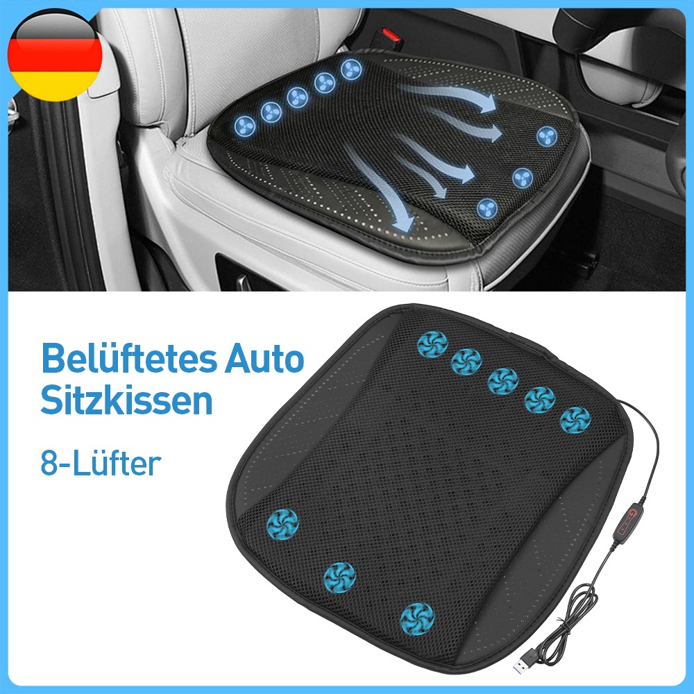 USB 8-Fan Cooling Car Seat Cushion, Breathable Mesh Ventilated Pad