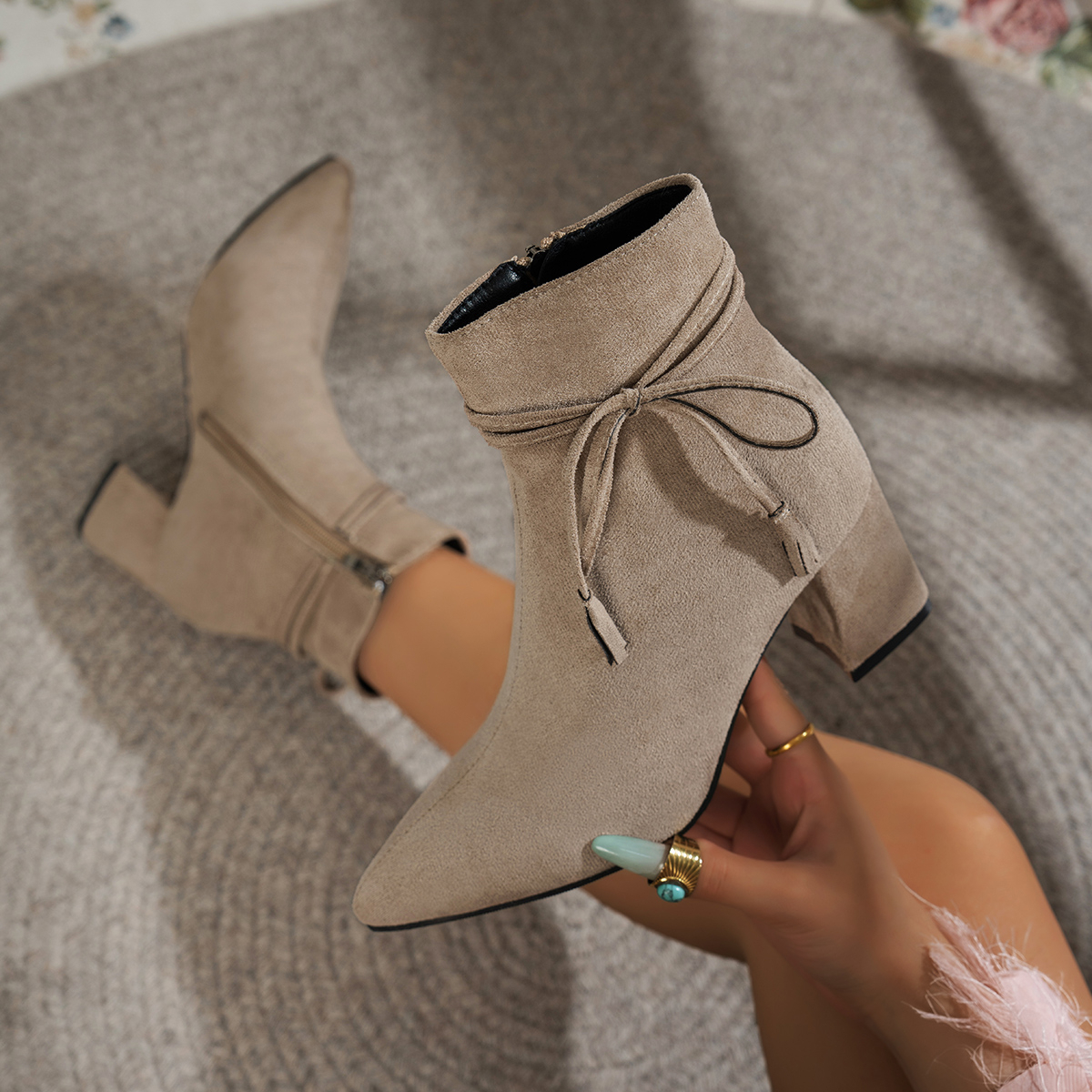 Suede Ankle Boots with Bow Tie — Pointed Toe Block Heel Booties
