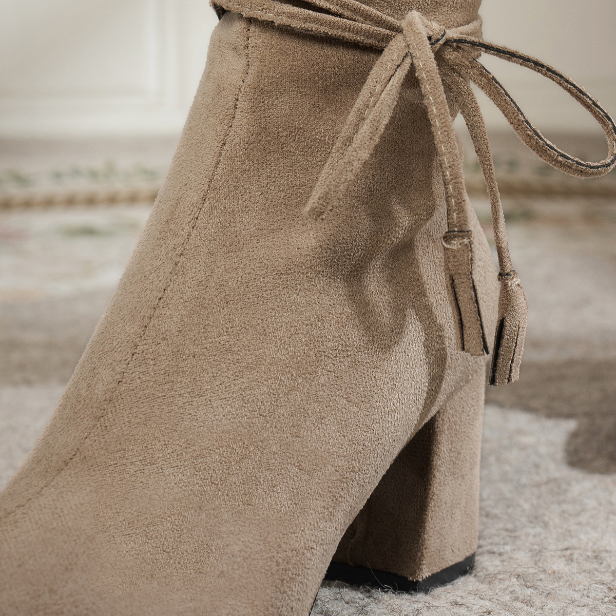 Suede Ankle Boots with Bow Tie — Pointed Toe Block Heel Booties, view 3