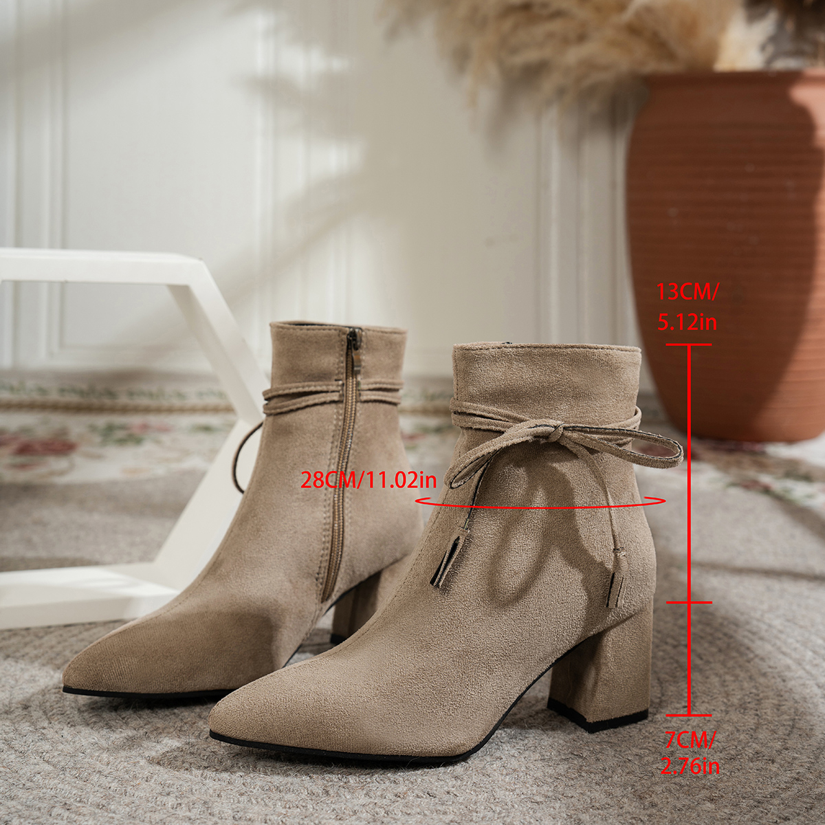 Suede Ankle Boots with Bow Tie — Pointed Toe Block Heel Booties, view 4