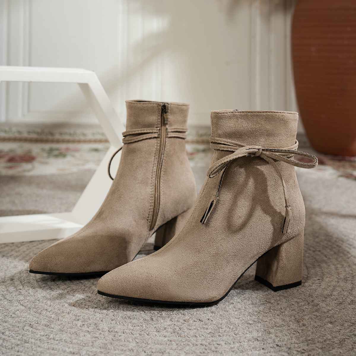 Suede Ankle Boots with Bow Tie — Pointed Toe Block Heel Booties, view 5