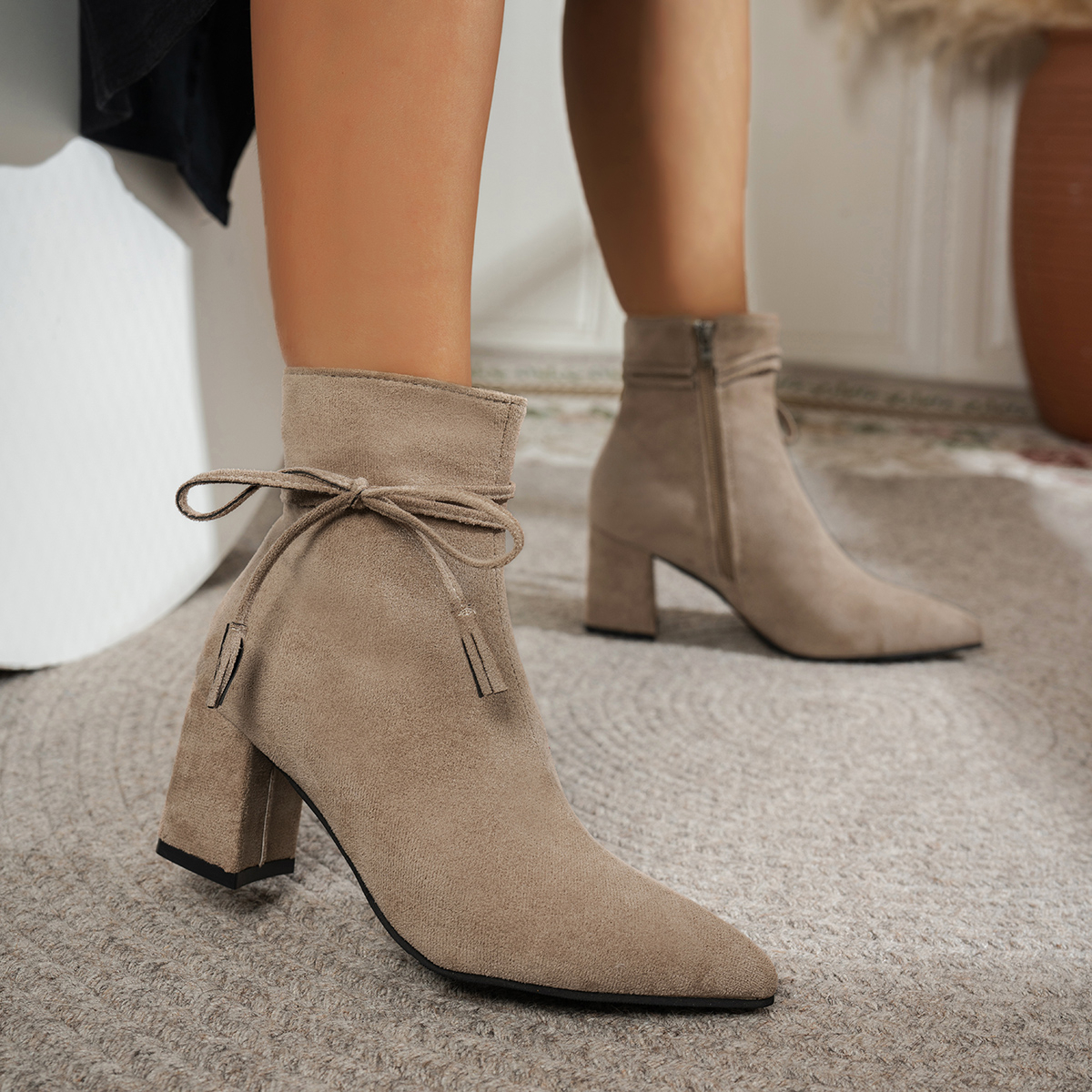 Suede Ankle Boots with Bow Tie — Pointed Toe Block Heel Booties, view 6