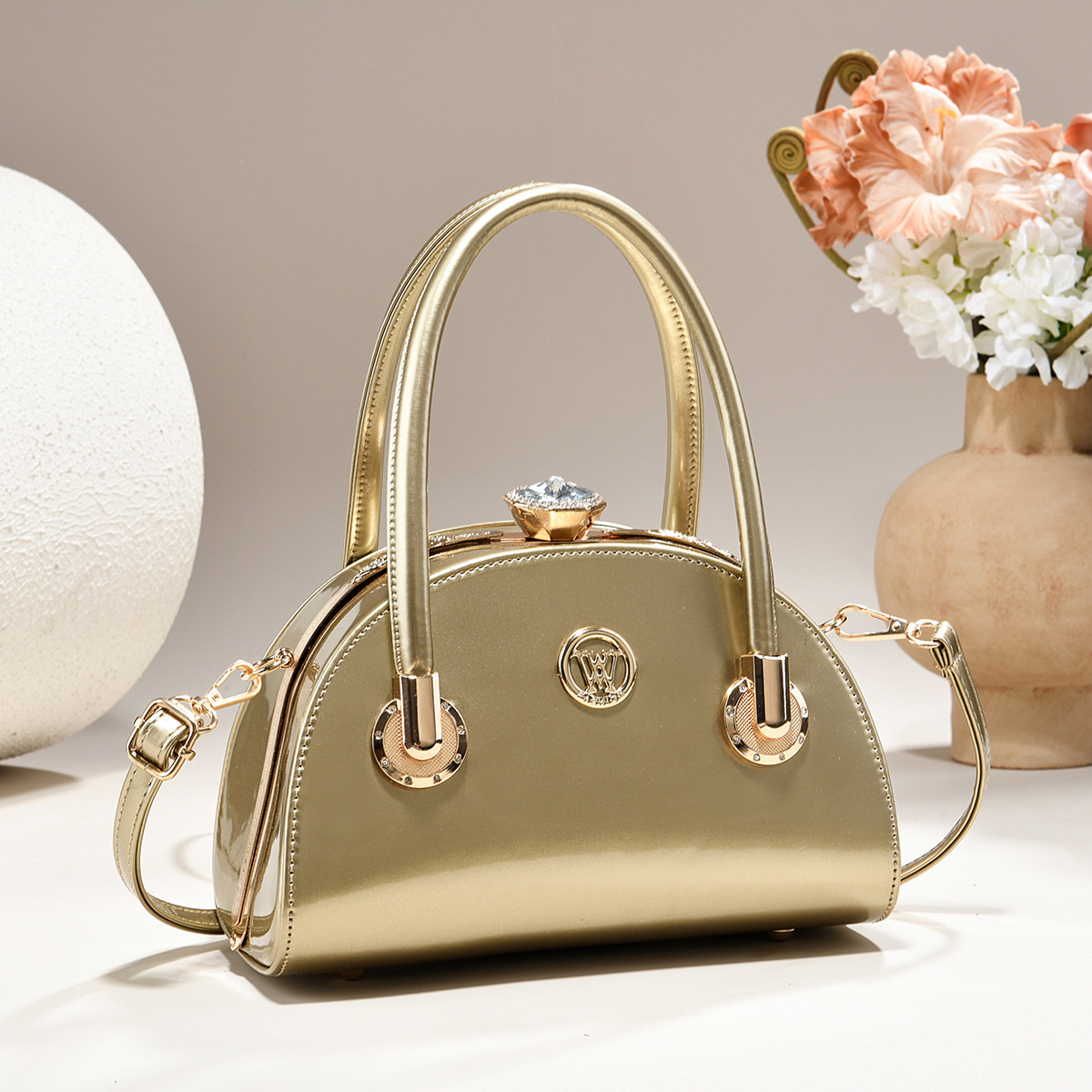 Glossy Patent Dome Handbag With Crystal Clasp & Gold Hardware, view 2