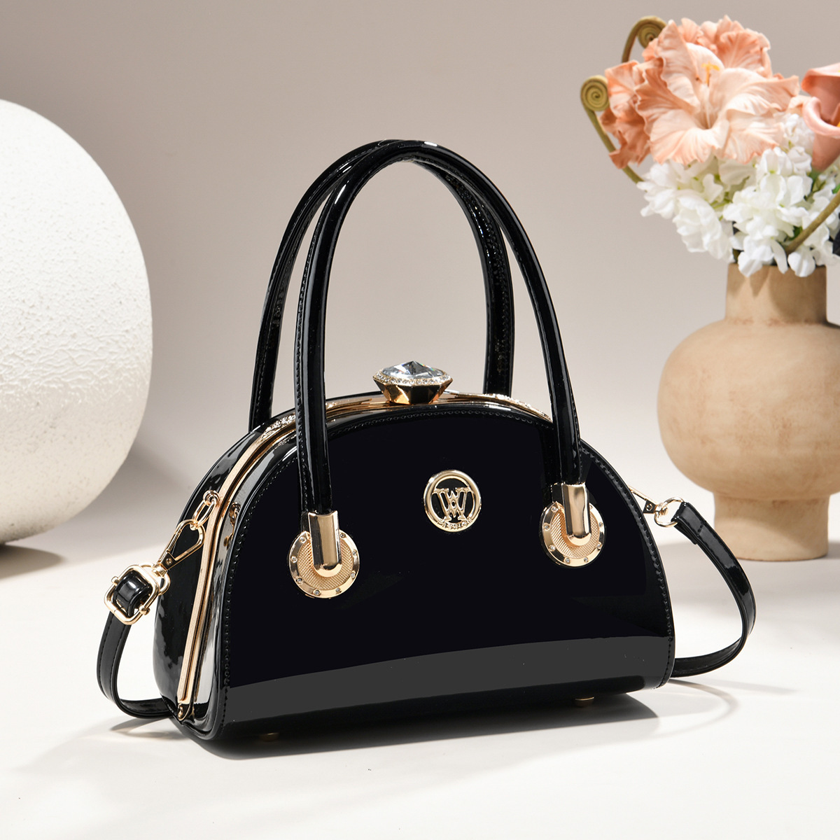 Glossy Patent Dome Handbag With Crystal Clasp & Gold Hardware, view 3