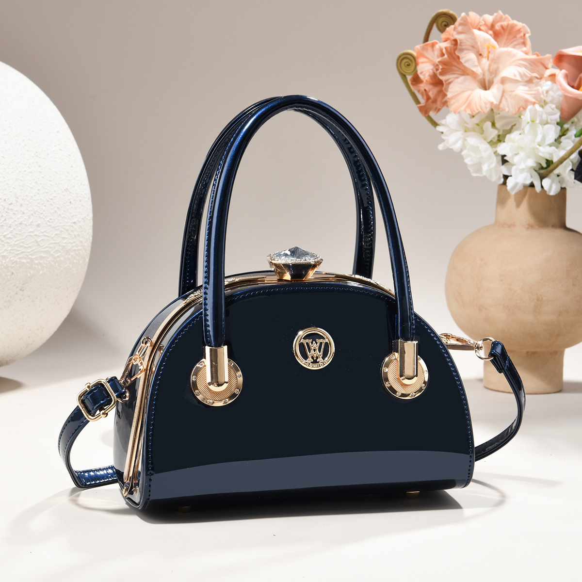 Glossy Patent Dome Handbag With Crystal Clasp & Gold Hardware, view 4