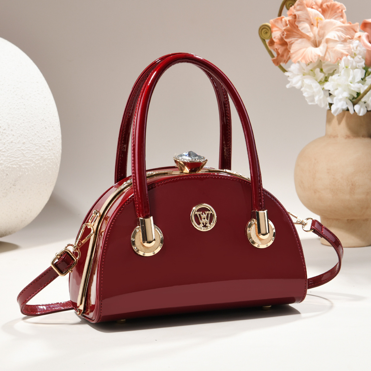 Glossy Patent Dome Handbag With Crystal Clasp & Gold Hardware, view 6