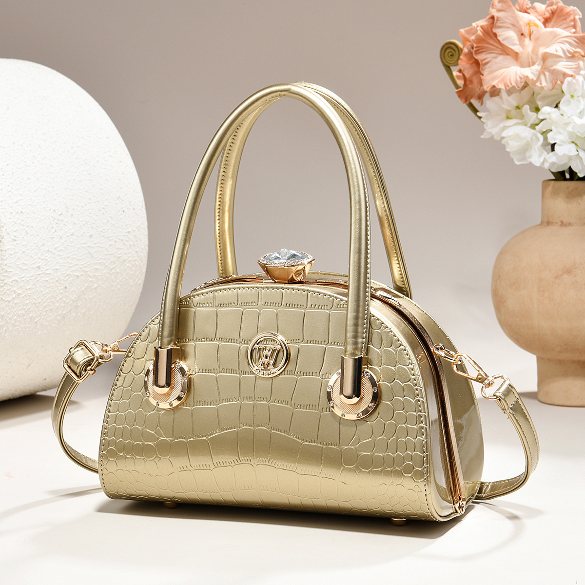 Glossy Patent Dome Handbag With Crystal Clasp & Gold Hardware, view 7