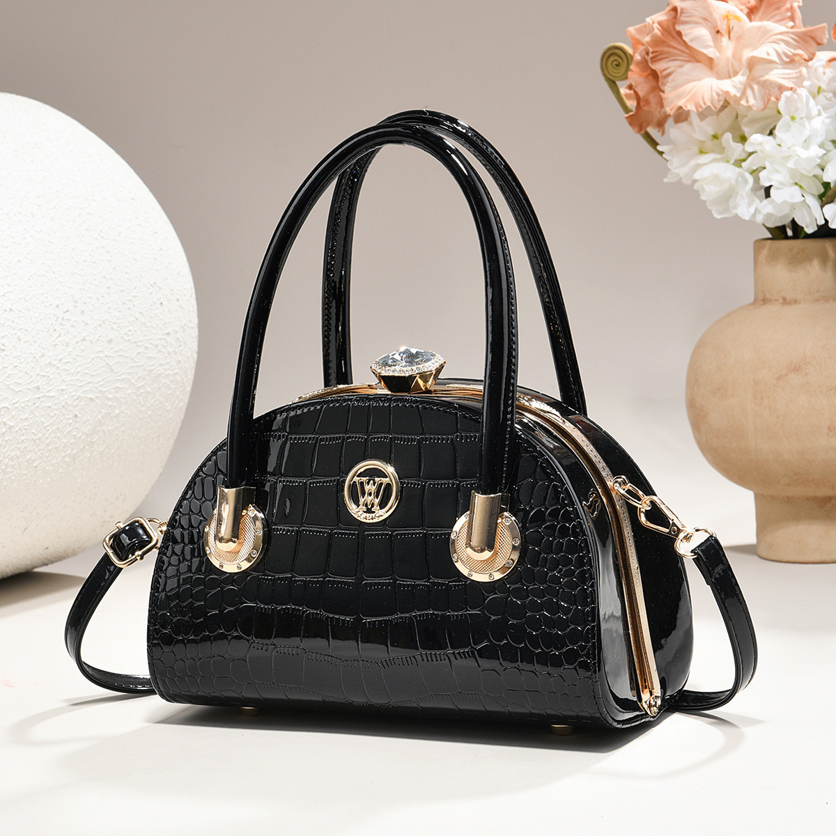 Glossy Patent Dome Handbag With Crystal Clasp & Gold Hardware, view 8