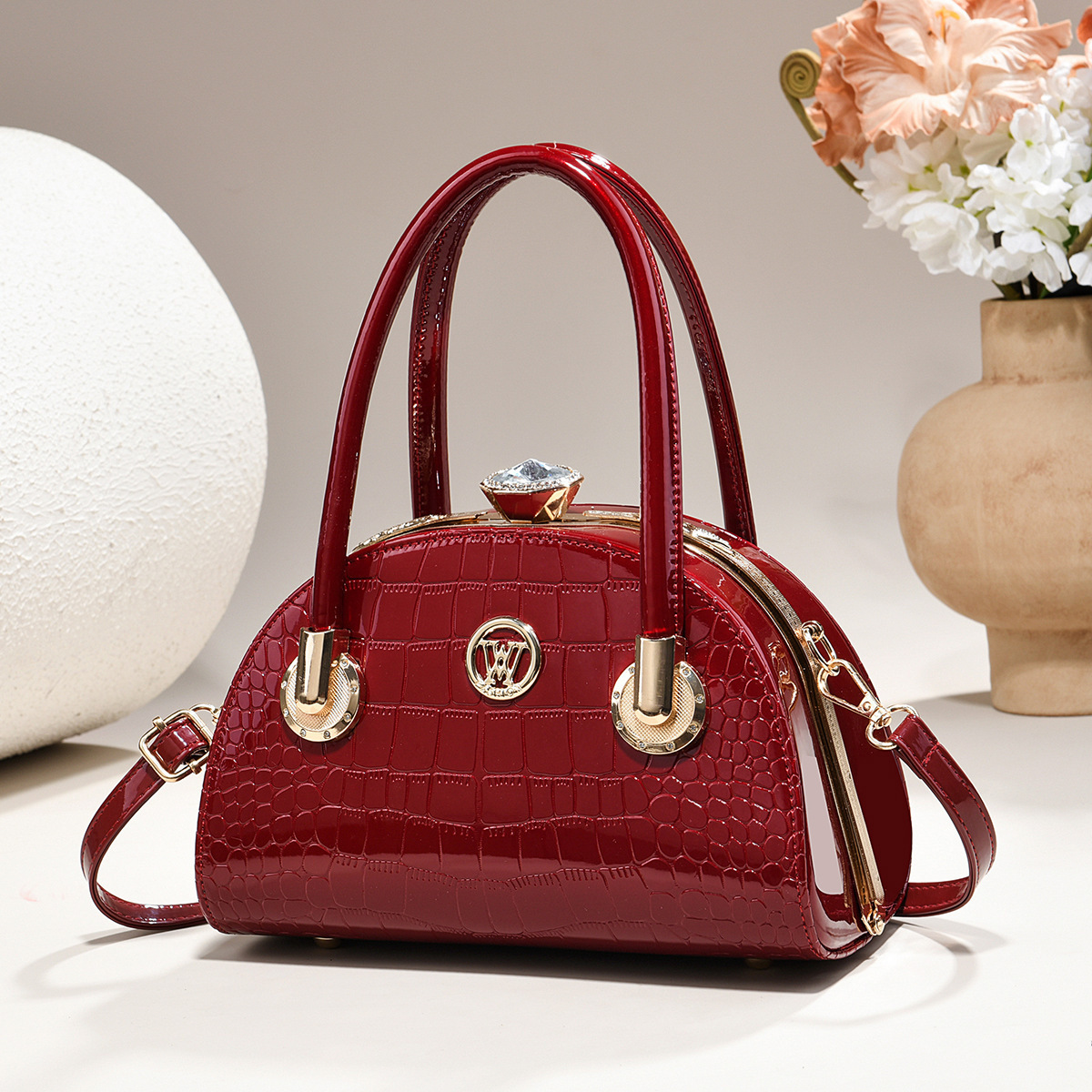Glossy Patent Dome Handbag With Crystal Clasp & Gold Hardware